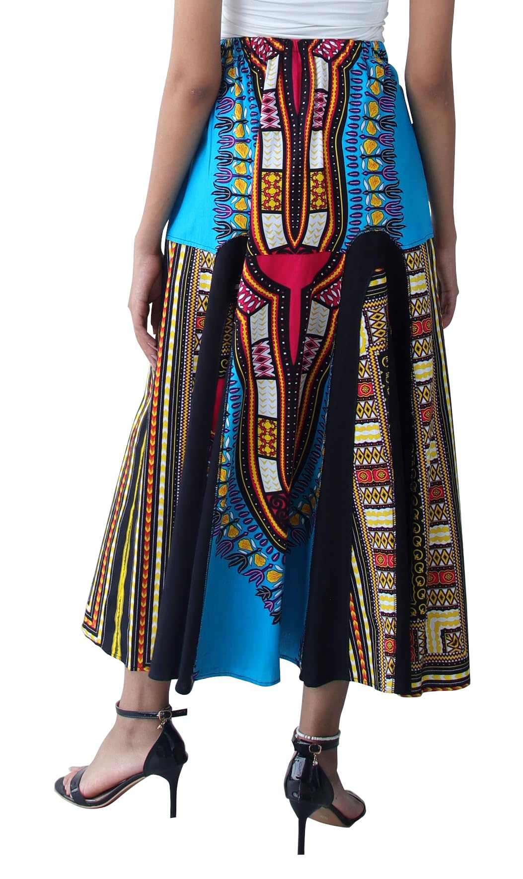 DA'IKI African Dashiki A-Frame Black Arch Elastic Waist Long Flowing Skirt with Pockets - Image 3