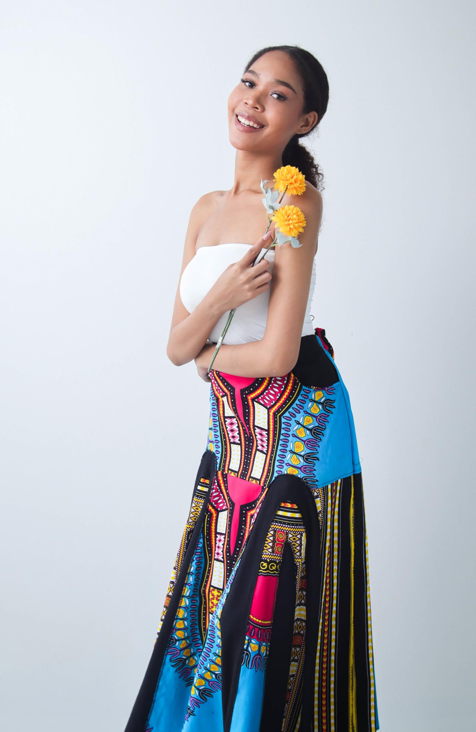 DA'IKI African Dashiki A-Frame Black Arch Elastic Waist Long Flowing Skirt with Pockets - Image 4