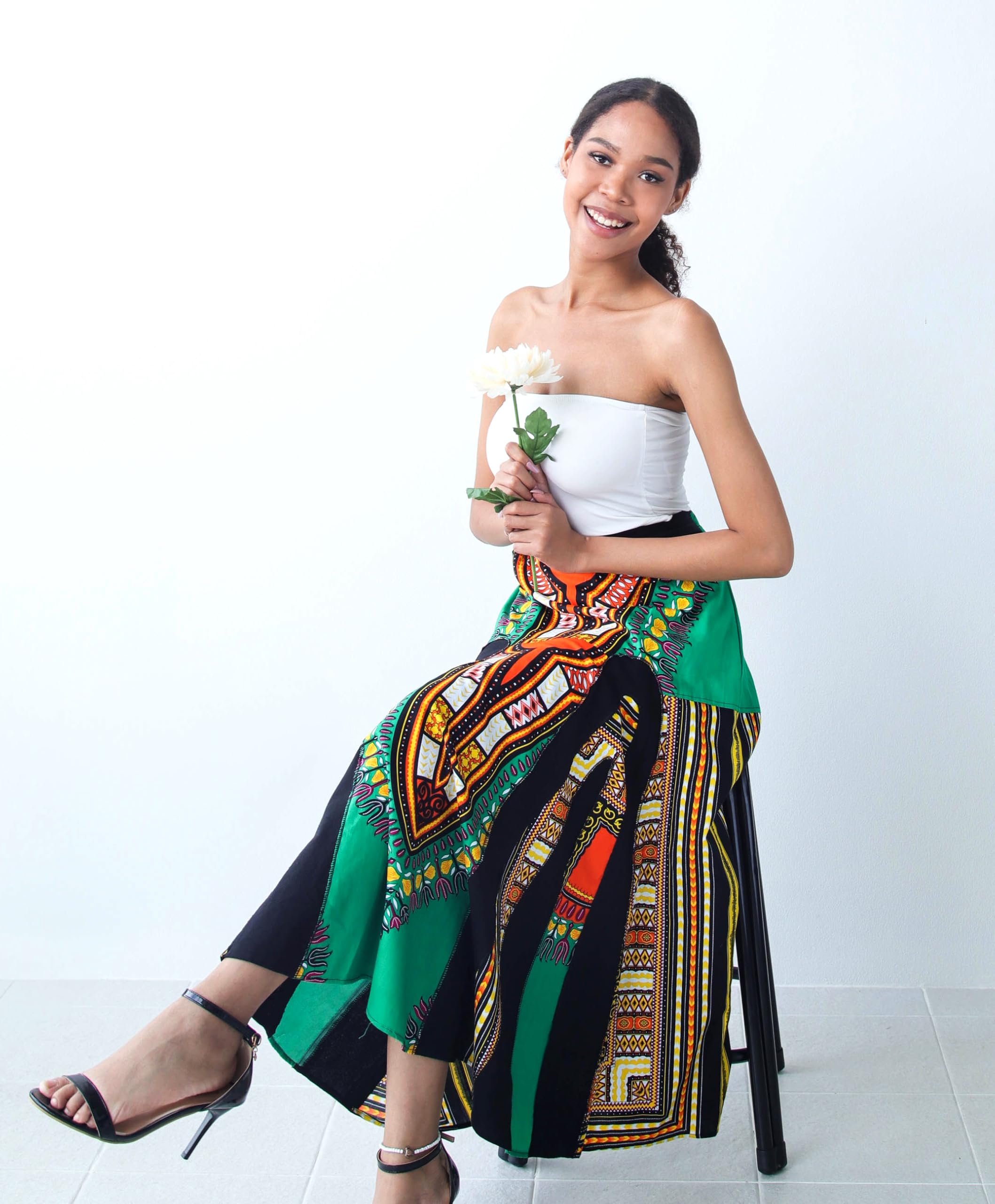 DA'IKI African Dashiki A-Frame Black Arch Elastic Waist Long Flowing Skirt with Pockets - Image 3