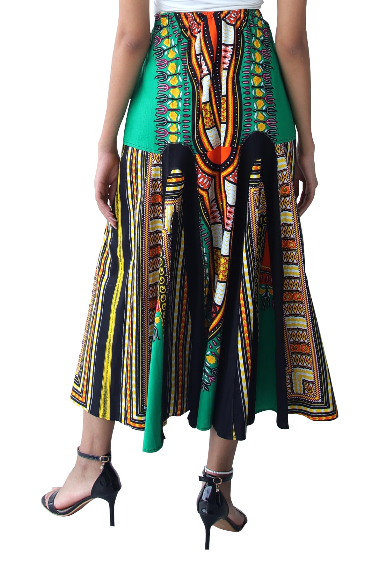 DA'IKI African Dashiki A-Frame Black Arch Elastic Waist Long Flowing Skirt with Pockets - Image 4