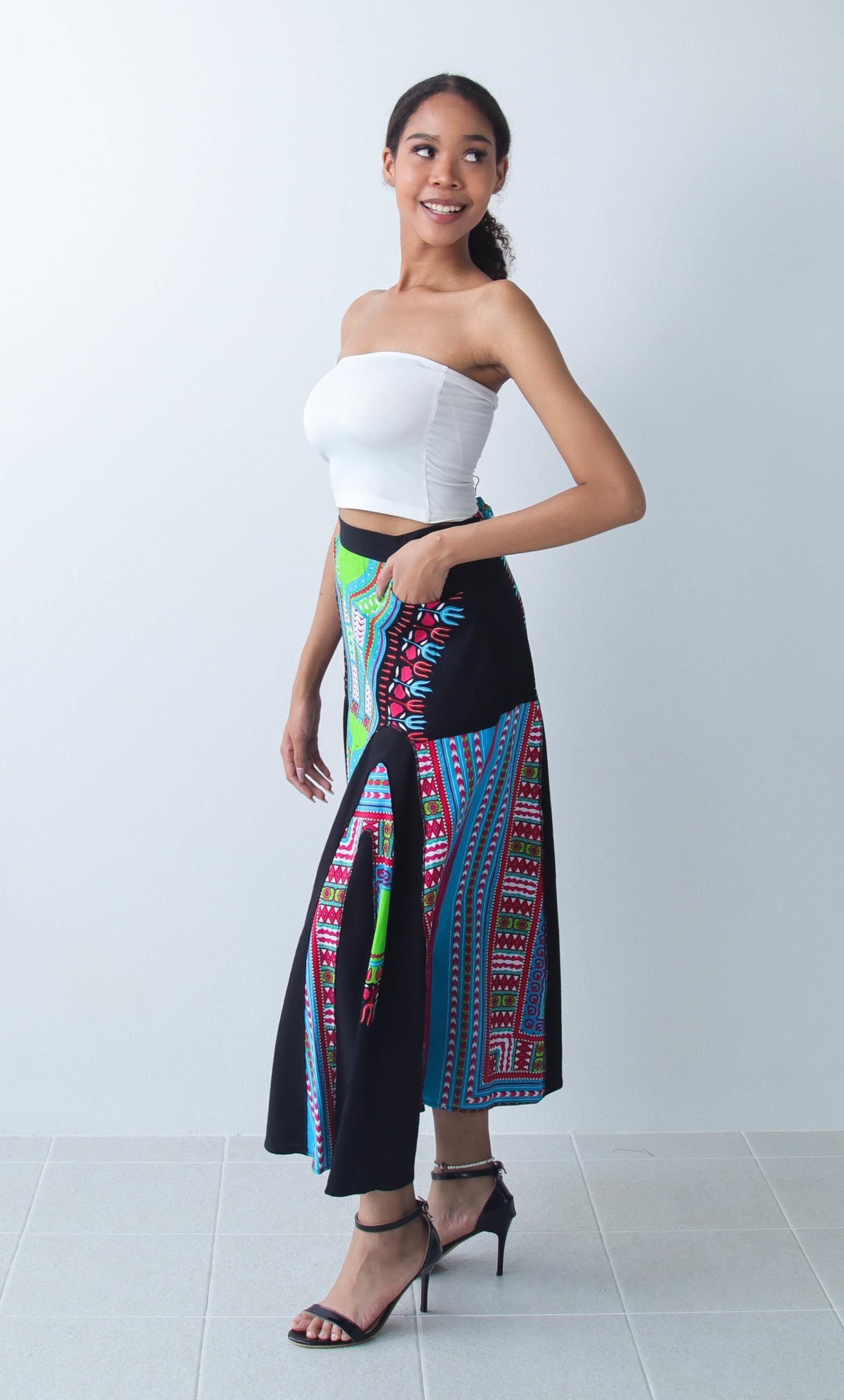 DA'IKI African Dashiki A-Frame Black Arch Elastic Waist Long Flowing Skirt with Pockets - Image 3