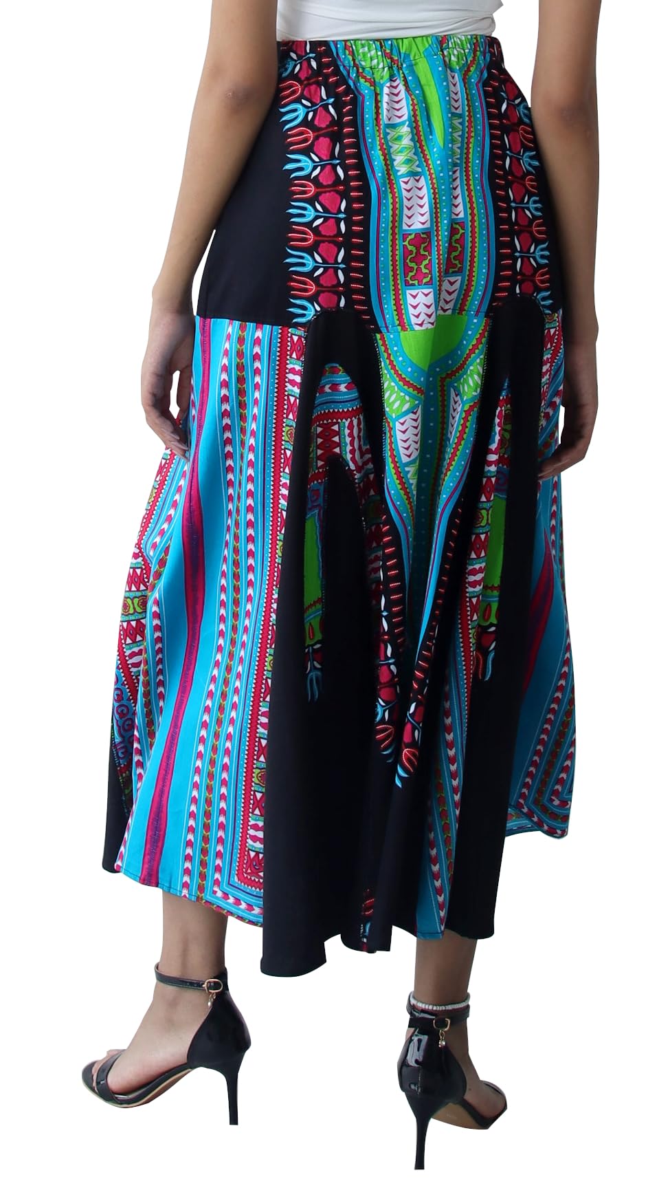 DA'IKI African Dashiki A-Frame Black Arch Elastic Waist Long Flowing Skirt with Pockets - Image 4