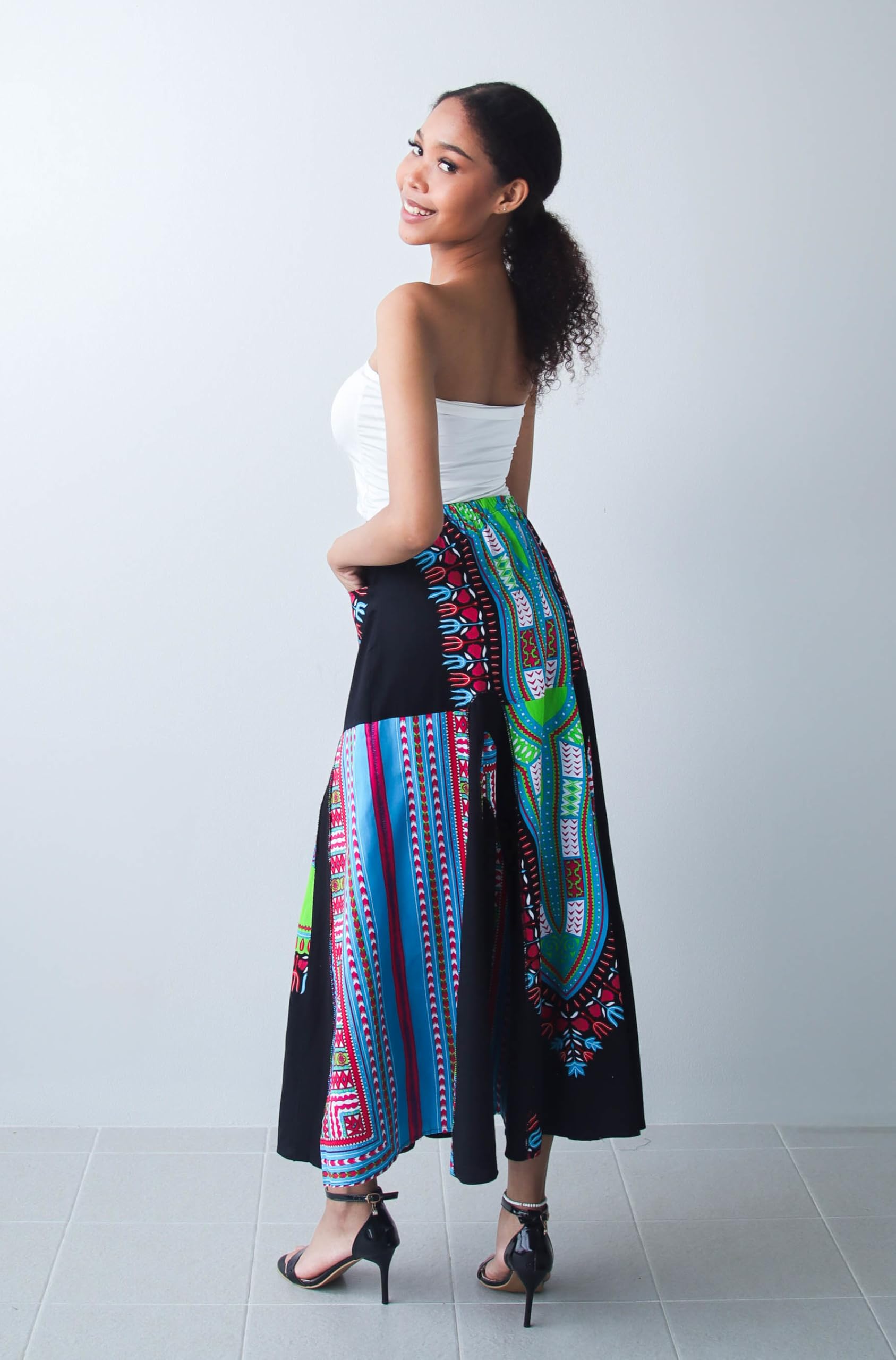 DA'IKI African Dashiki A-Frame Black Arch Elastic Waist Long Flowing Skirt with Pockets - Image 5