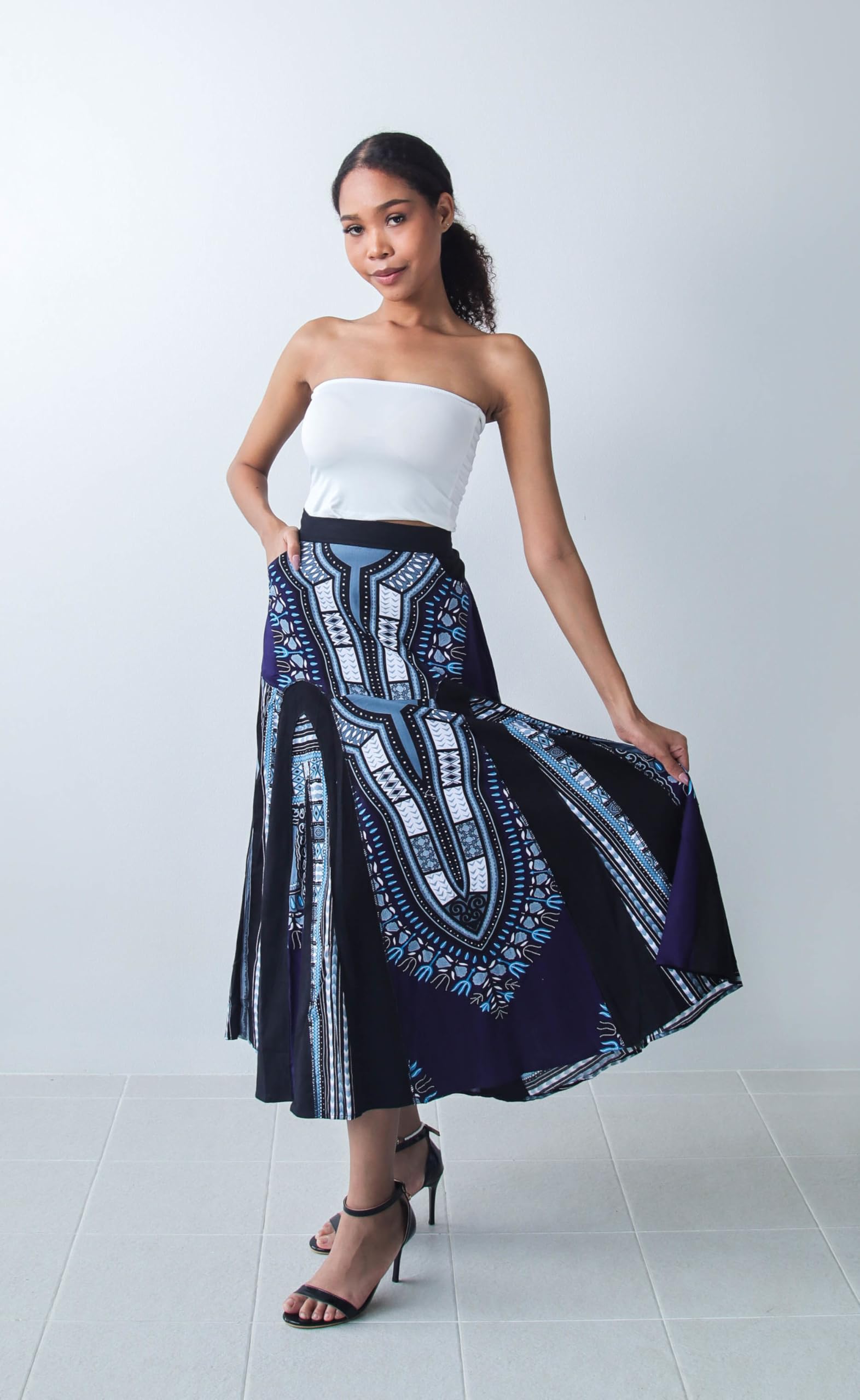 DA'IKI African Dashiki A-Frame Black Arch Elastic Waist Long Flowing Skirt with Pockets - Image 3