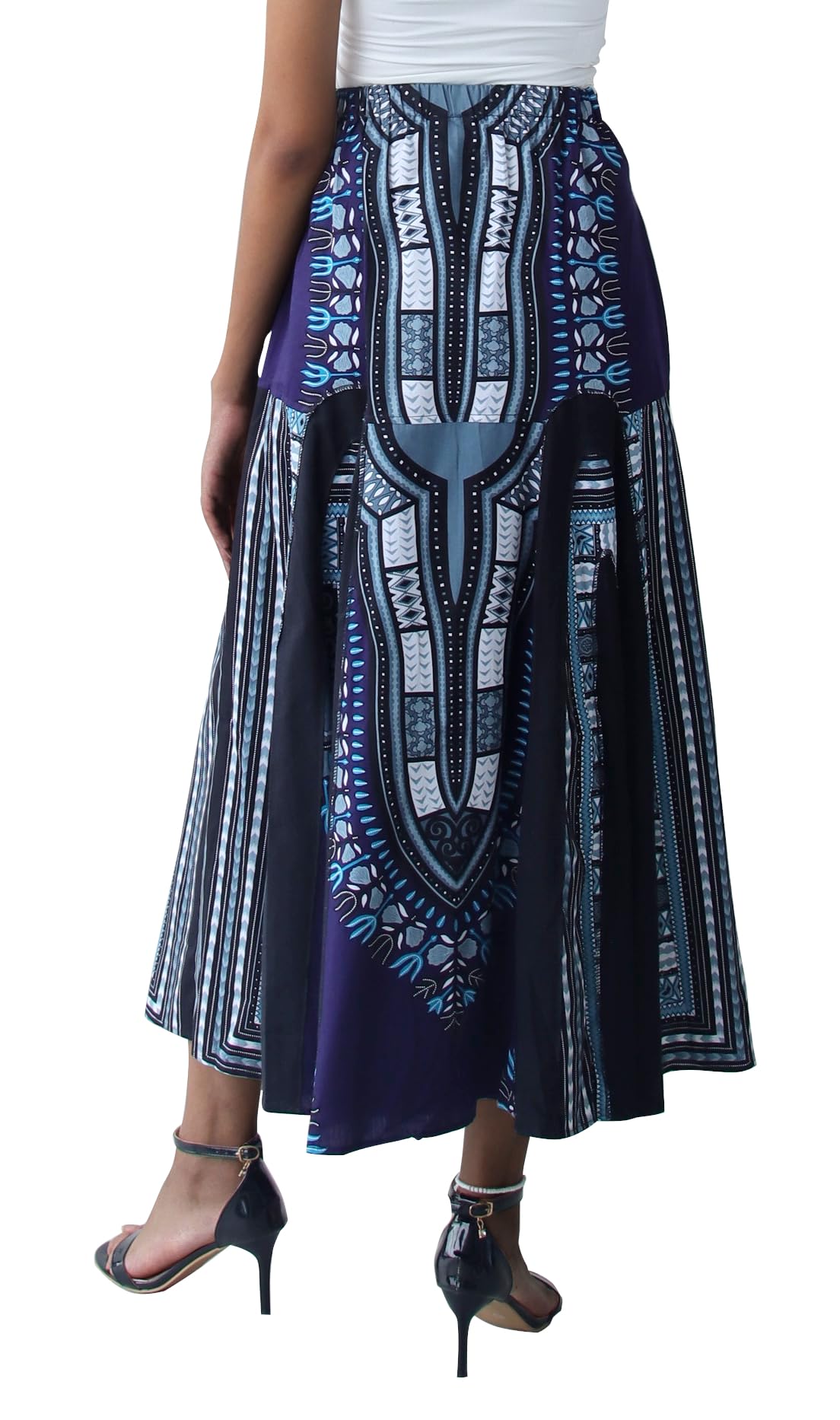 DA'IKI African Dashiki A-Frame Black Arch Elastic Waist Long Flowing Skirt with Pockets - Image 4