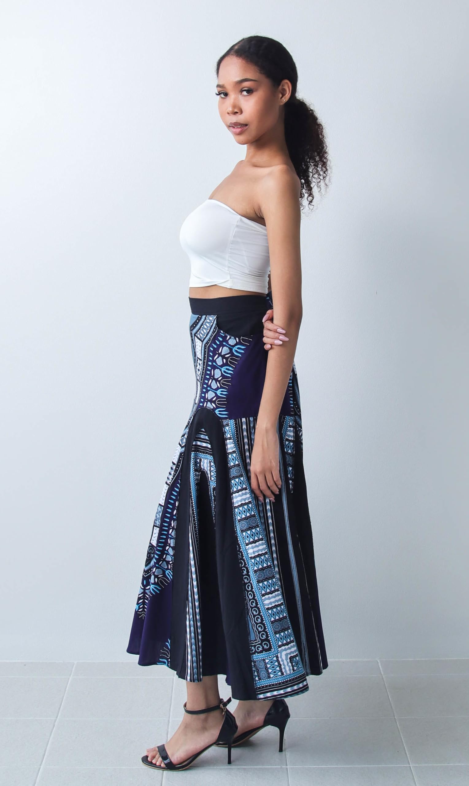 DA'IKI African Dashiki A-Frame Black Arch Elastic Waist Long Flowing Skirt with Pockets - Image 5