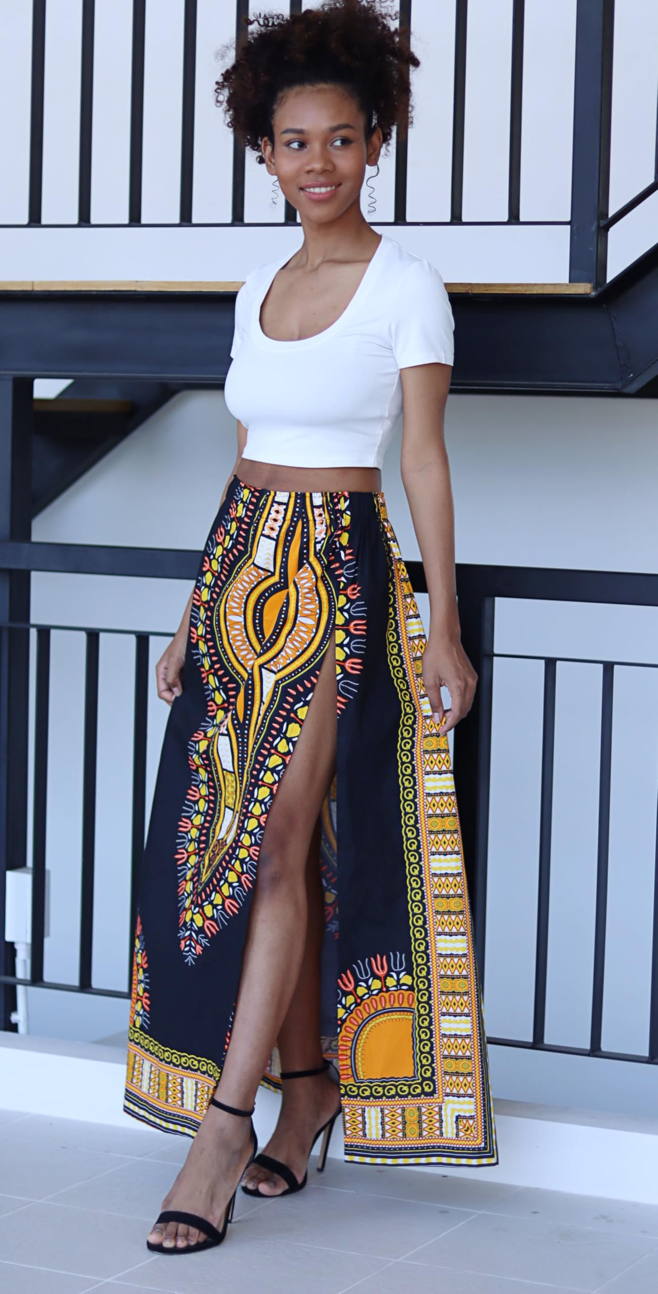 DA'IKI African High Slit Dashiki Art Elastic Waist Kente Ankara Dance Skirt Wax Cotton - Image 3
