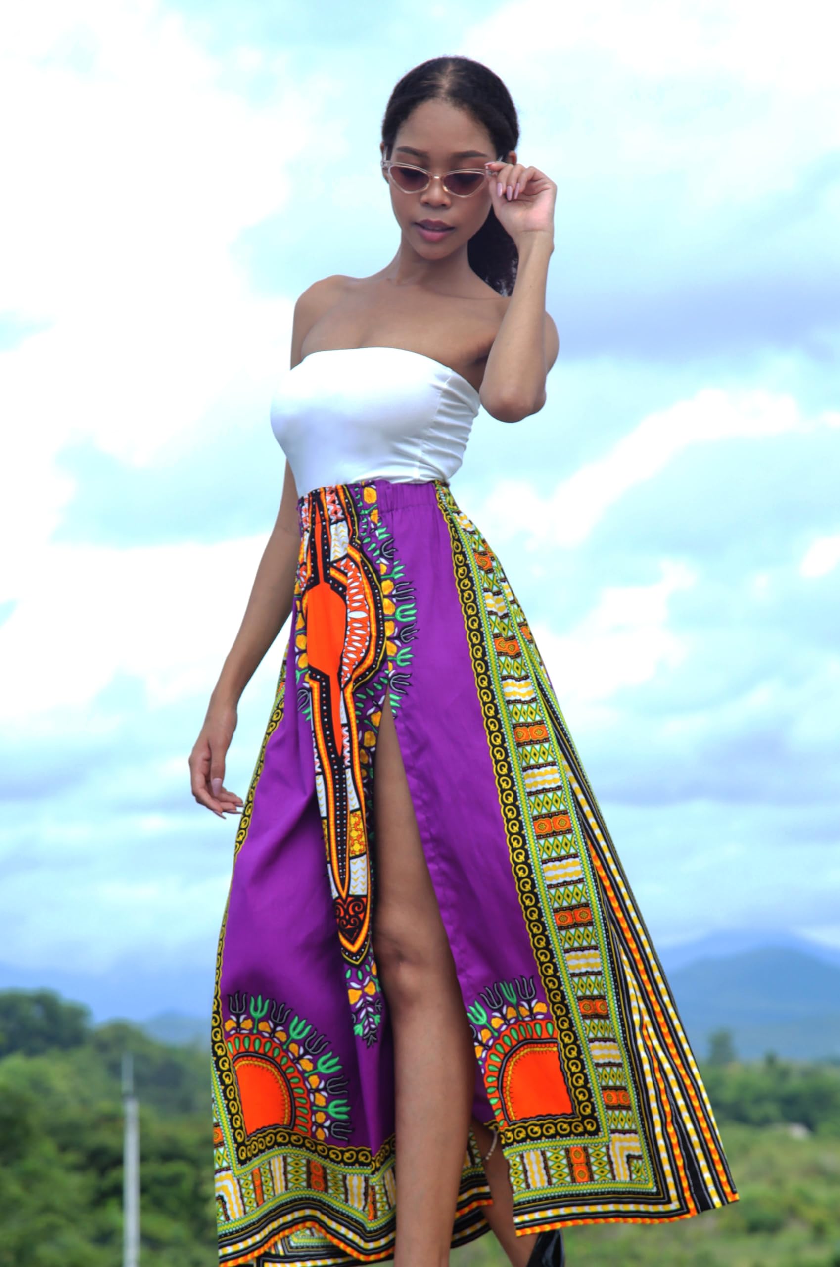 DA'IKI African High Slit Dashiki Art Elastic Waist Kente Ankara Dance Skirt Wax Cotton - Image 3