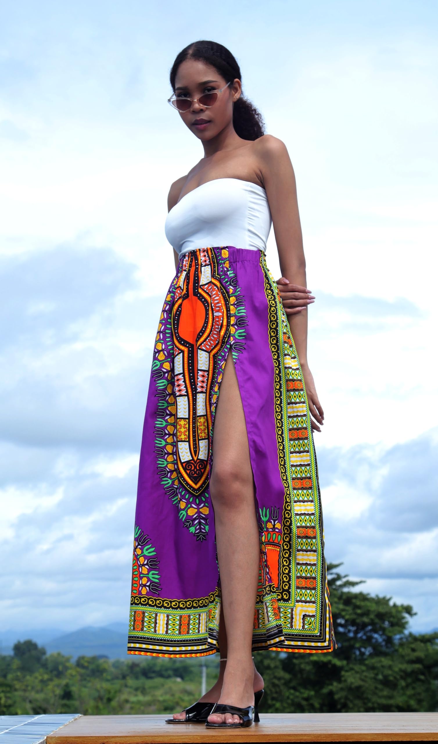 DA'IKI African High Slit Dashiki Art Elastic Waist Kente Ankara Dance Skirt Wax Cotton - Image 5