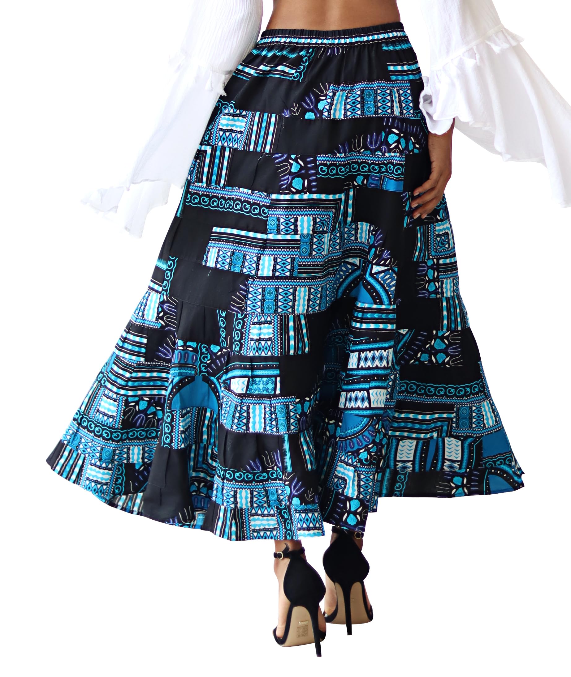 DA'IKI African Skirt Flowing Layers in Bright Dashiki Multi Color Patchwork - Image 3