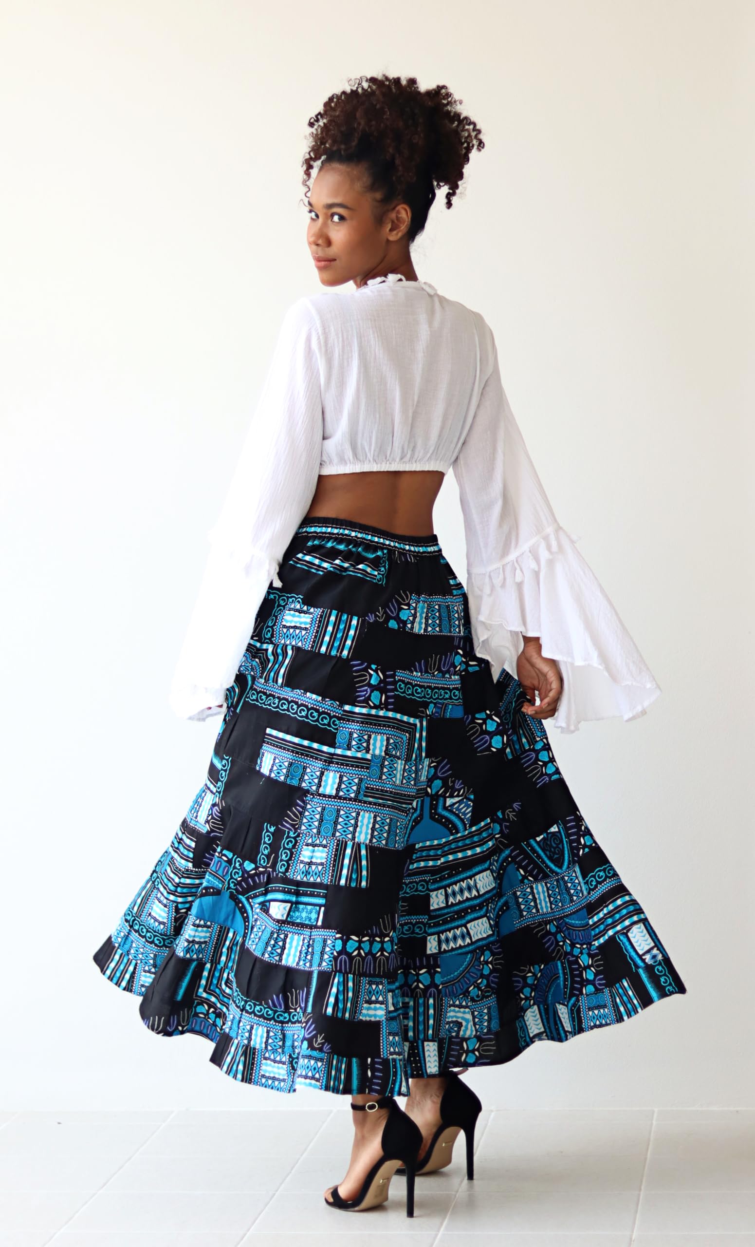 DA'IKI African Skirt Flowing Layers in Bright Dashiki Multi Color Patchwork - Image 4