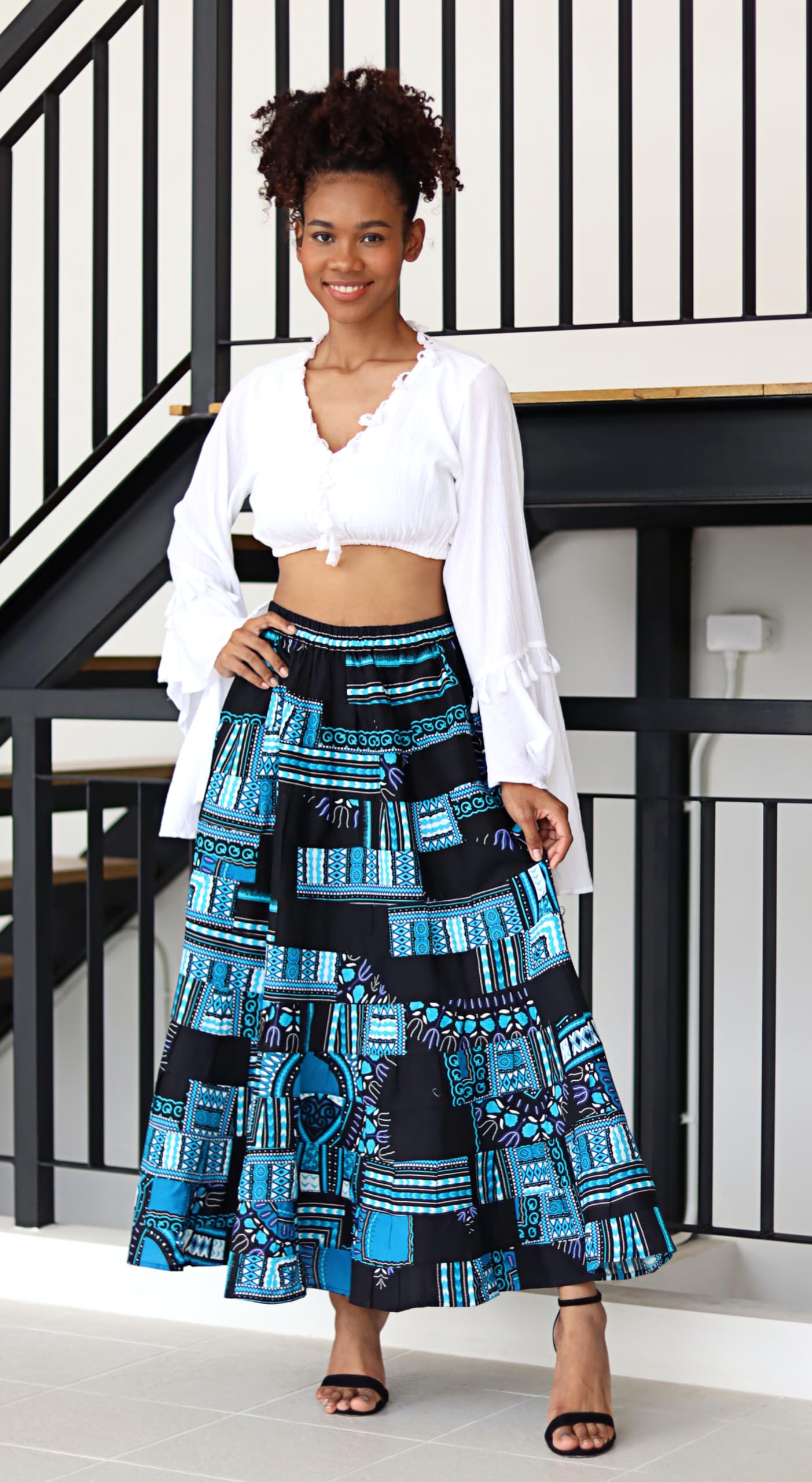 DA'IKI African Skirt Flowing Layers in Bright Dashiki Multi Color Patchwork - Image 5