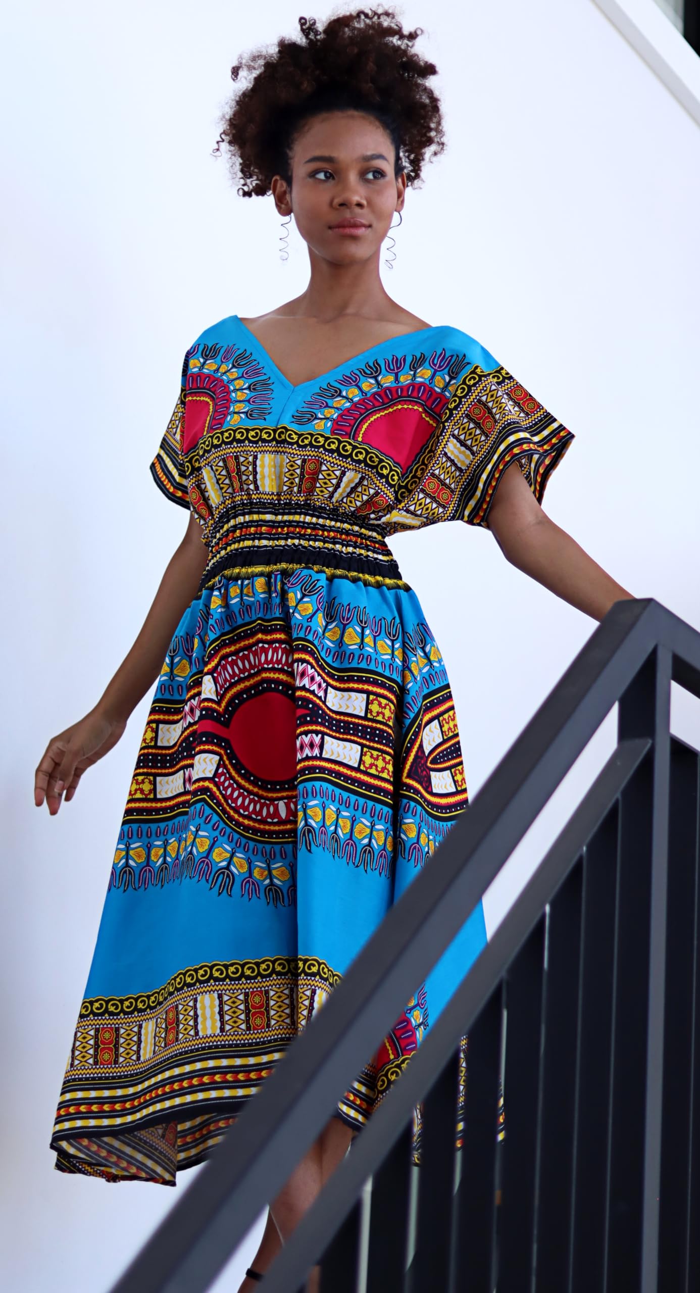 DA'IKI Afrikan Mother Earth Cotton Dress with Strong V Collar Dashiki Smock Waist - Image 4