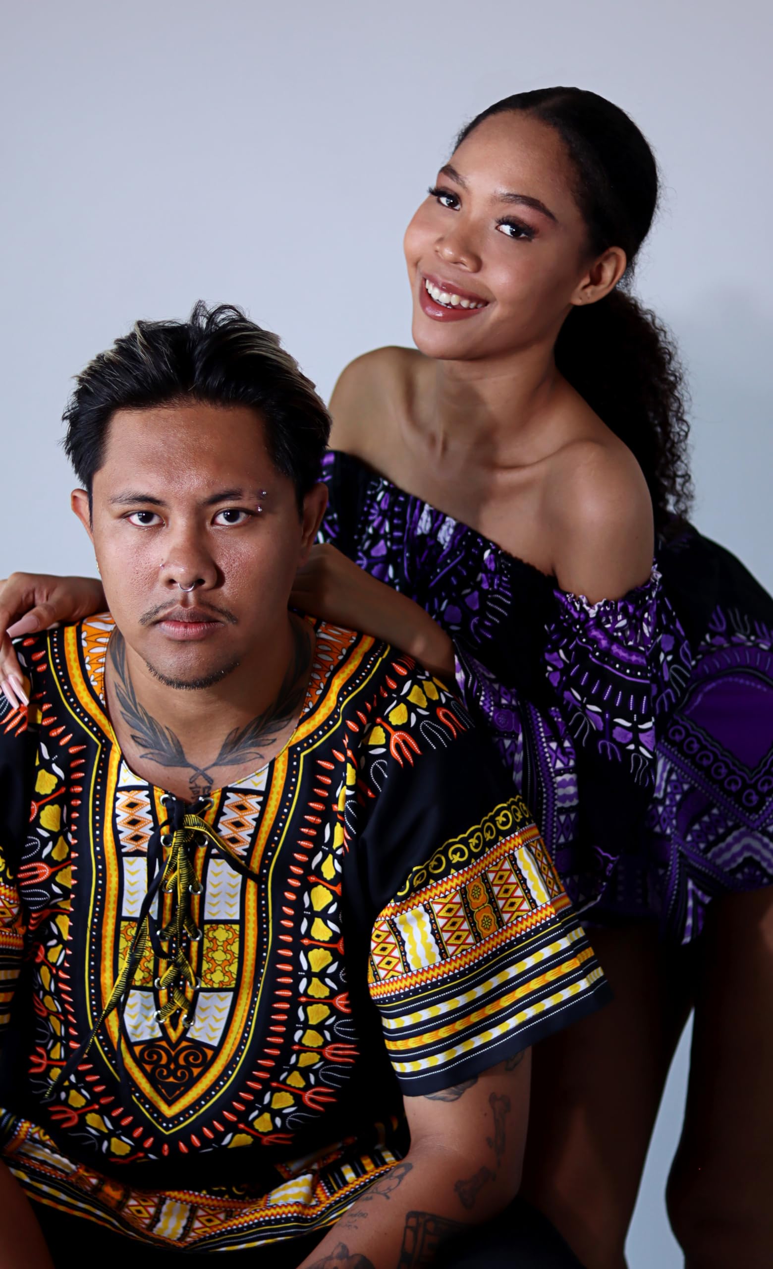 DA'IKI Dashiki African Cotton Shirt Tied Collar Tribal Kaftan Boho Caftan Unisex - Image 3