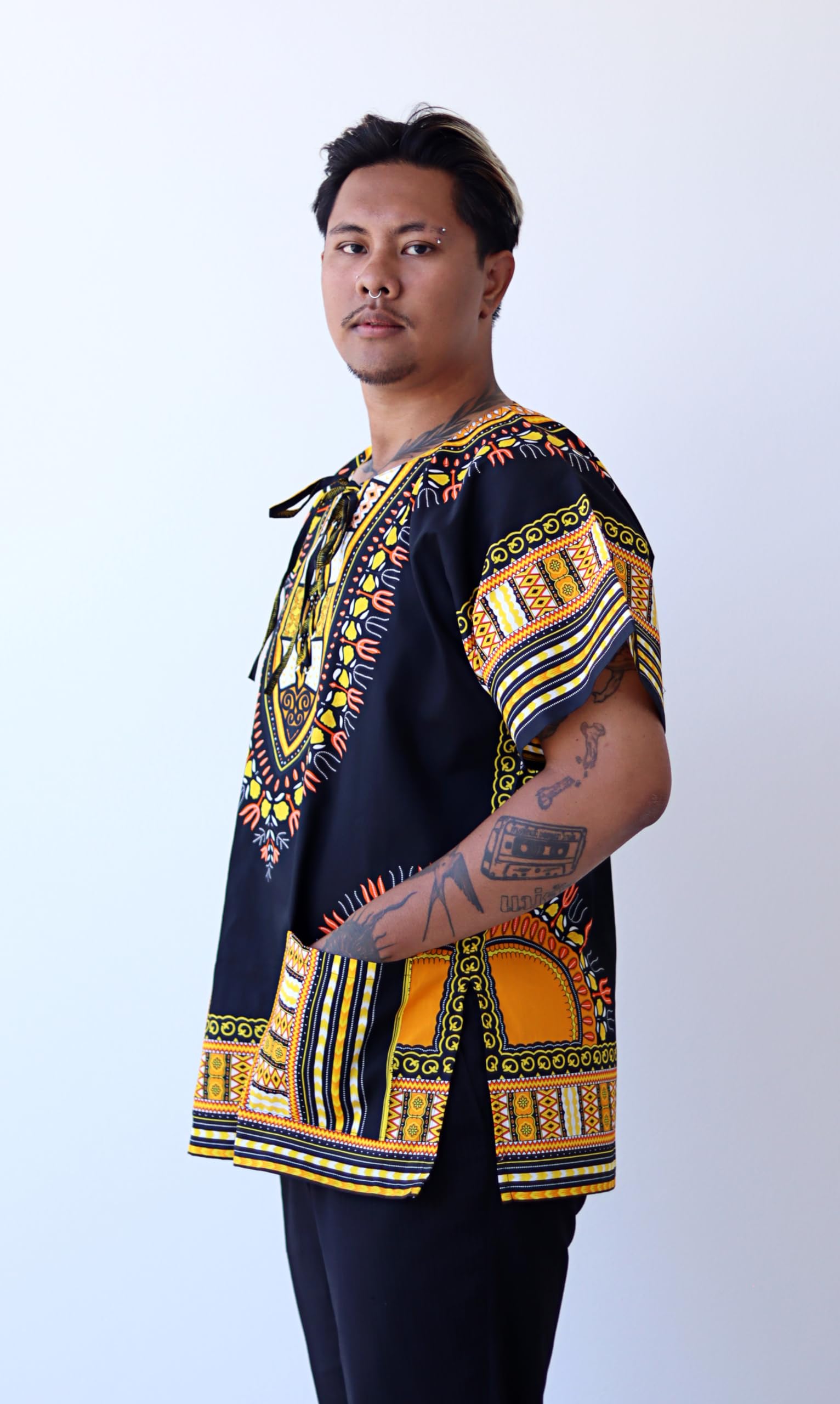 DA'IKI Dashiki African Cotton Shirt Tied Collar Tribal Kaftan Boho Caftan Unisex - Image 4