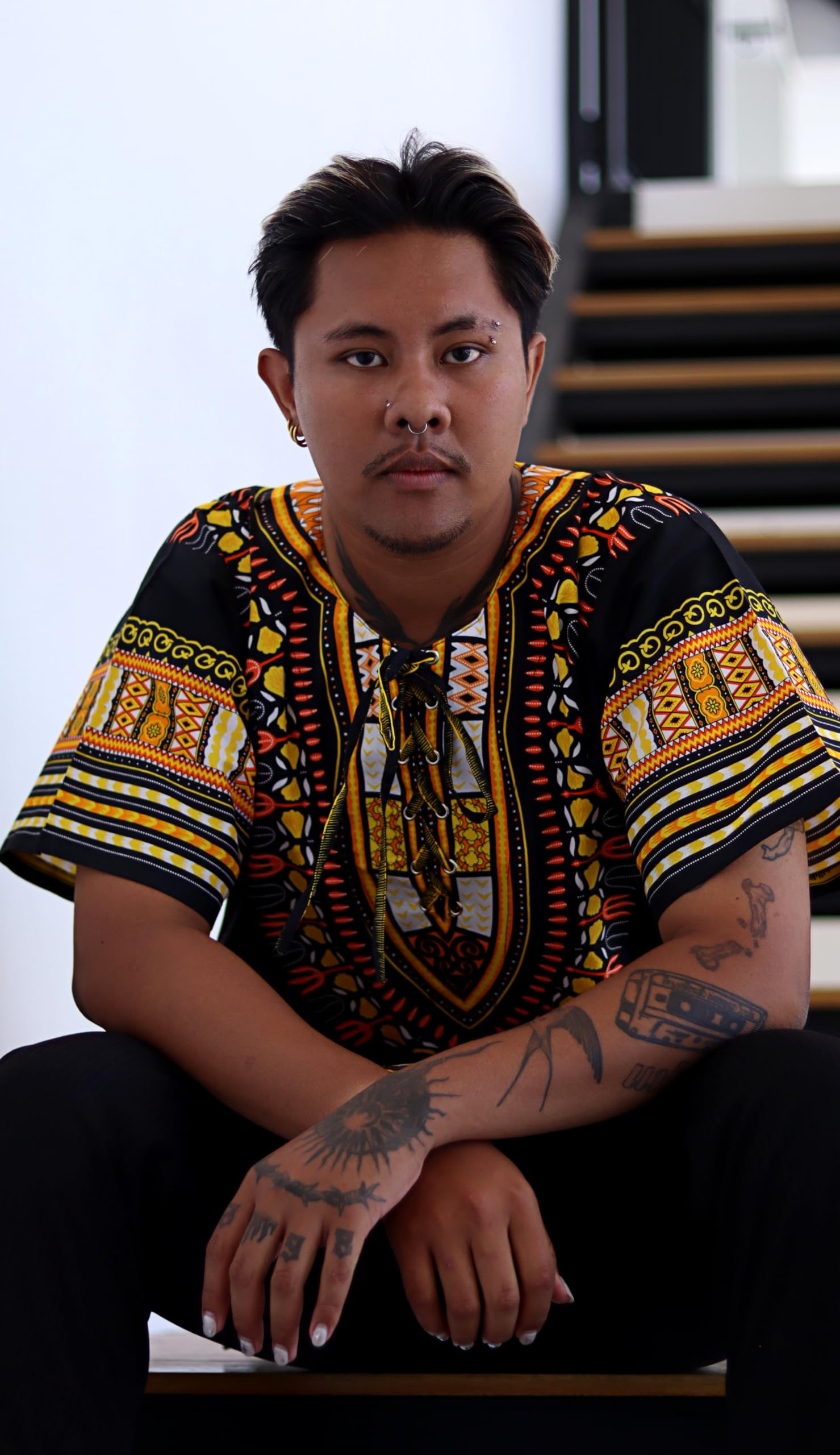 DA'IKI Dashiki African Cotton Shirt Tied Collar Tribal Kaftan Boho Caftan Unisex - Image 5