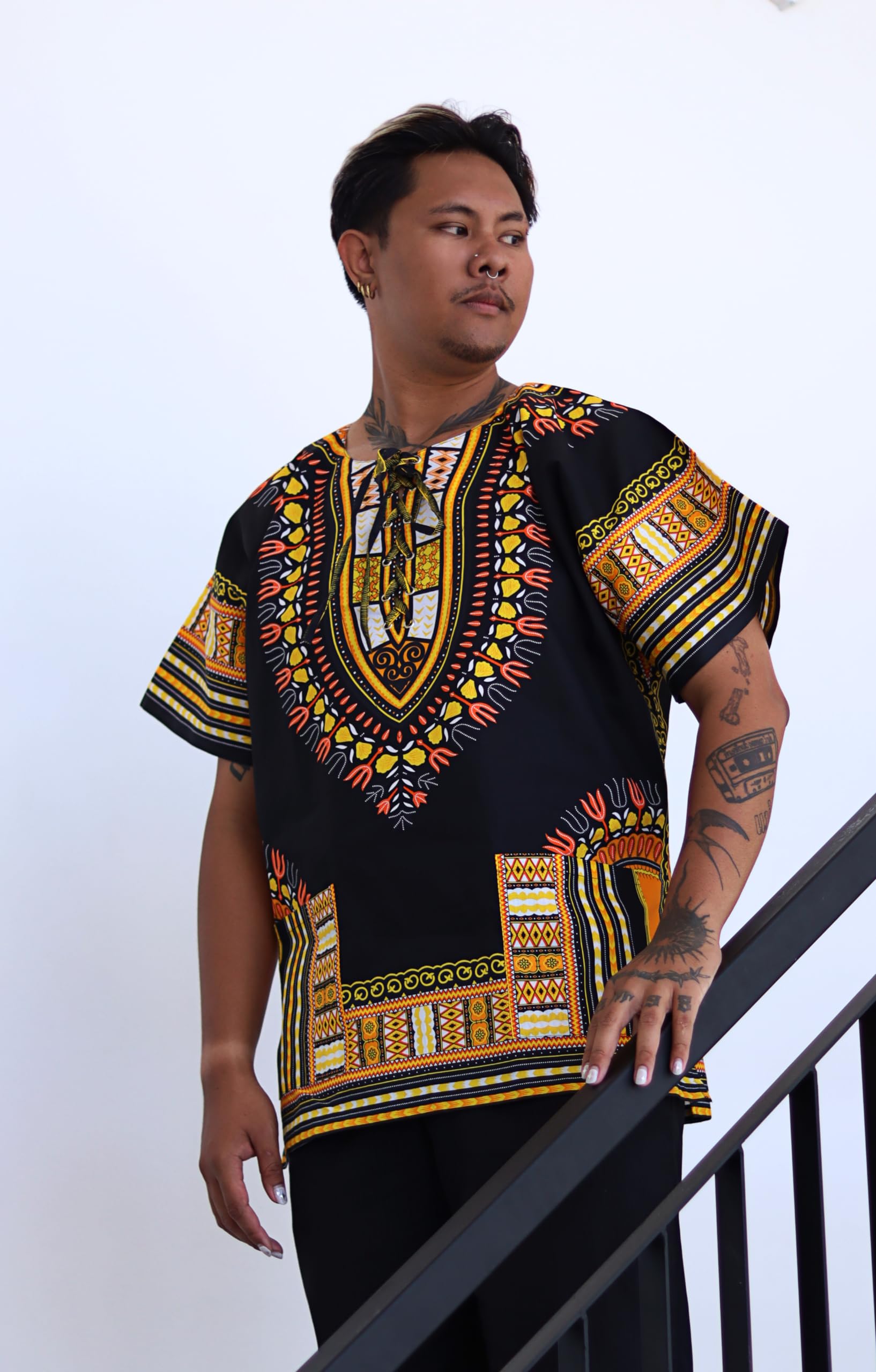 DA'IKI Dashiki African Cotton Shirt Tied Collar Tribal Kaftan Boho Caftan Unisex - Image 6