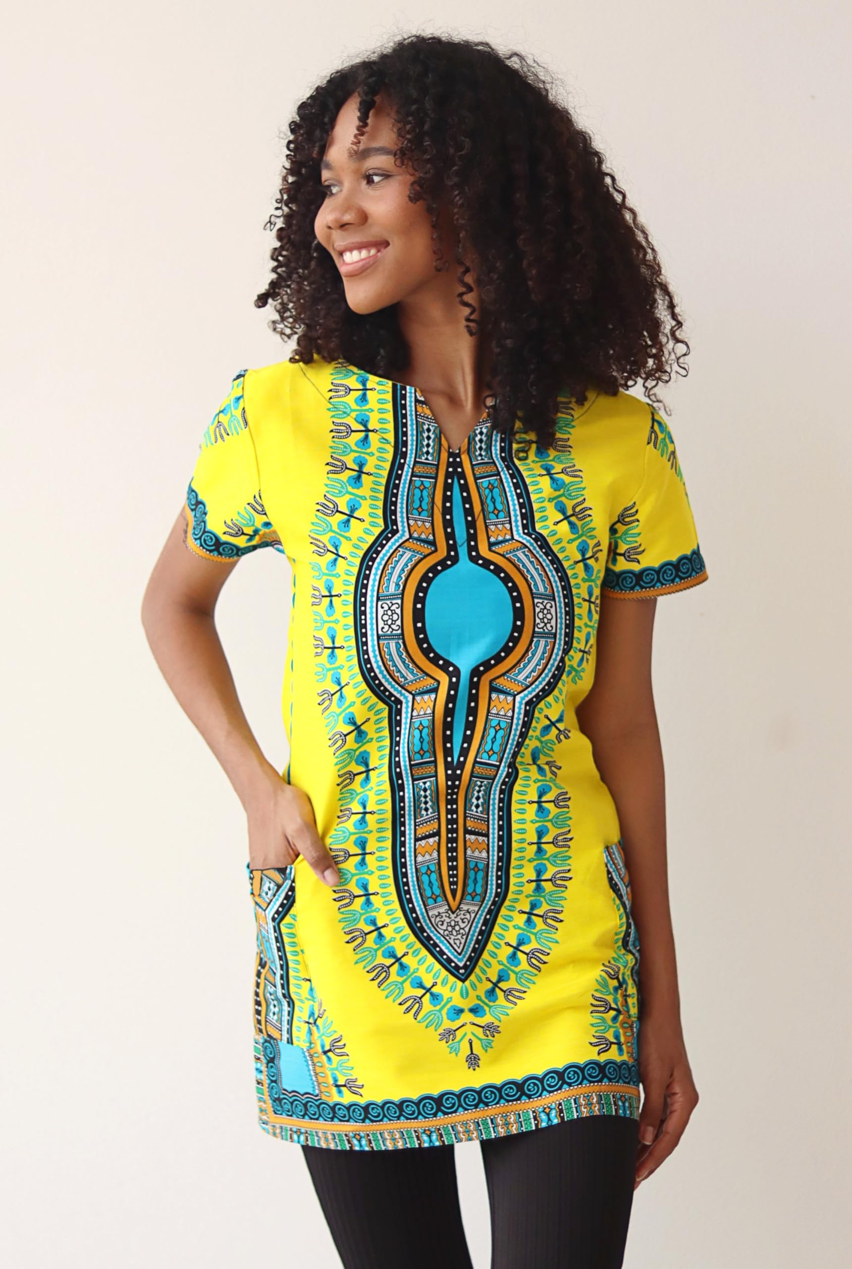 DA'IKI Fitted African Dashiki Frock Side Pocket with Zipper Back 70s Cotton Dress - Image 3