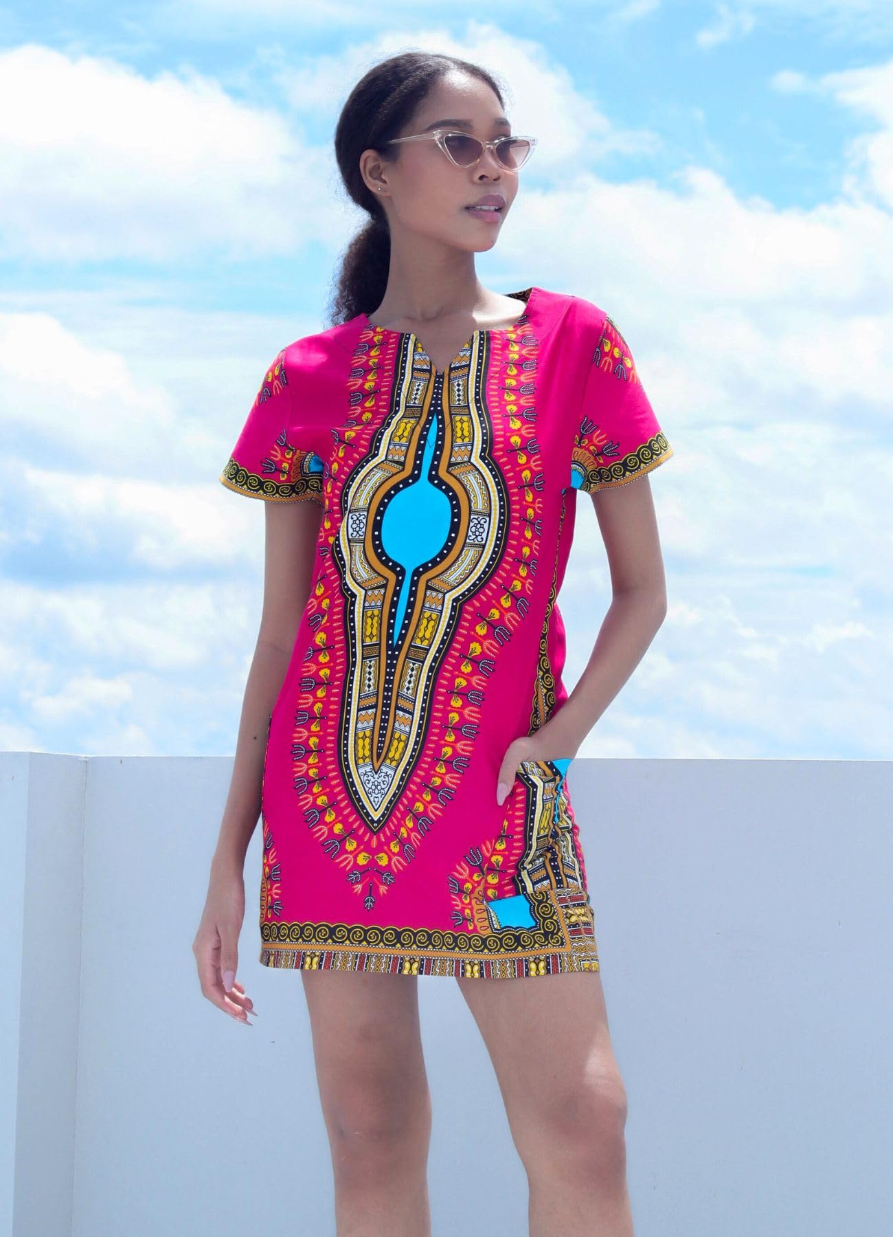 DA'IKI Fitted African Dashiki Frock Side Pocket with Zipper Back 70s Cotton Dress - Image 3