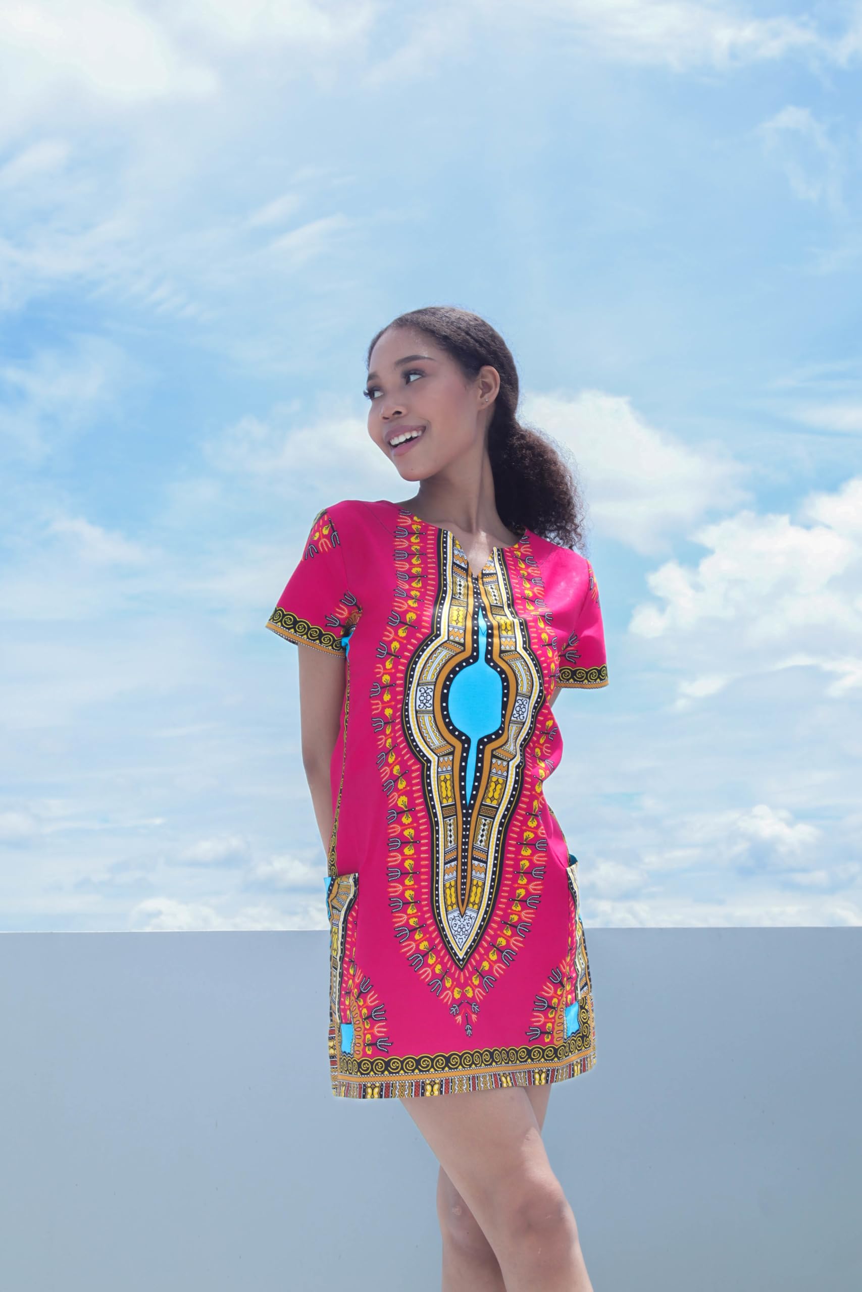 DA'IKI Fitted African Dashiki Frock Side Pocket with Zipper Back 70s Cotton Dress - Image 5