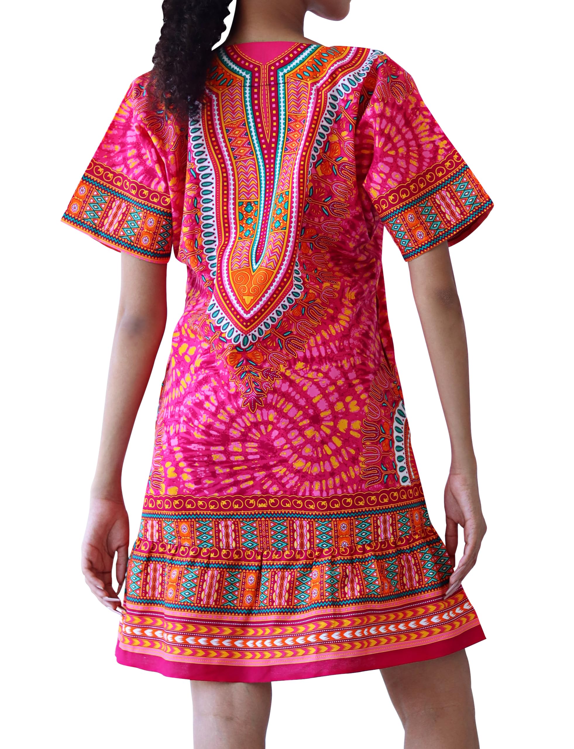 DA'IKI Short 60s Boho Cropped One Piece Ruffle Dashiki Dress with Side Pockets - Image 3