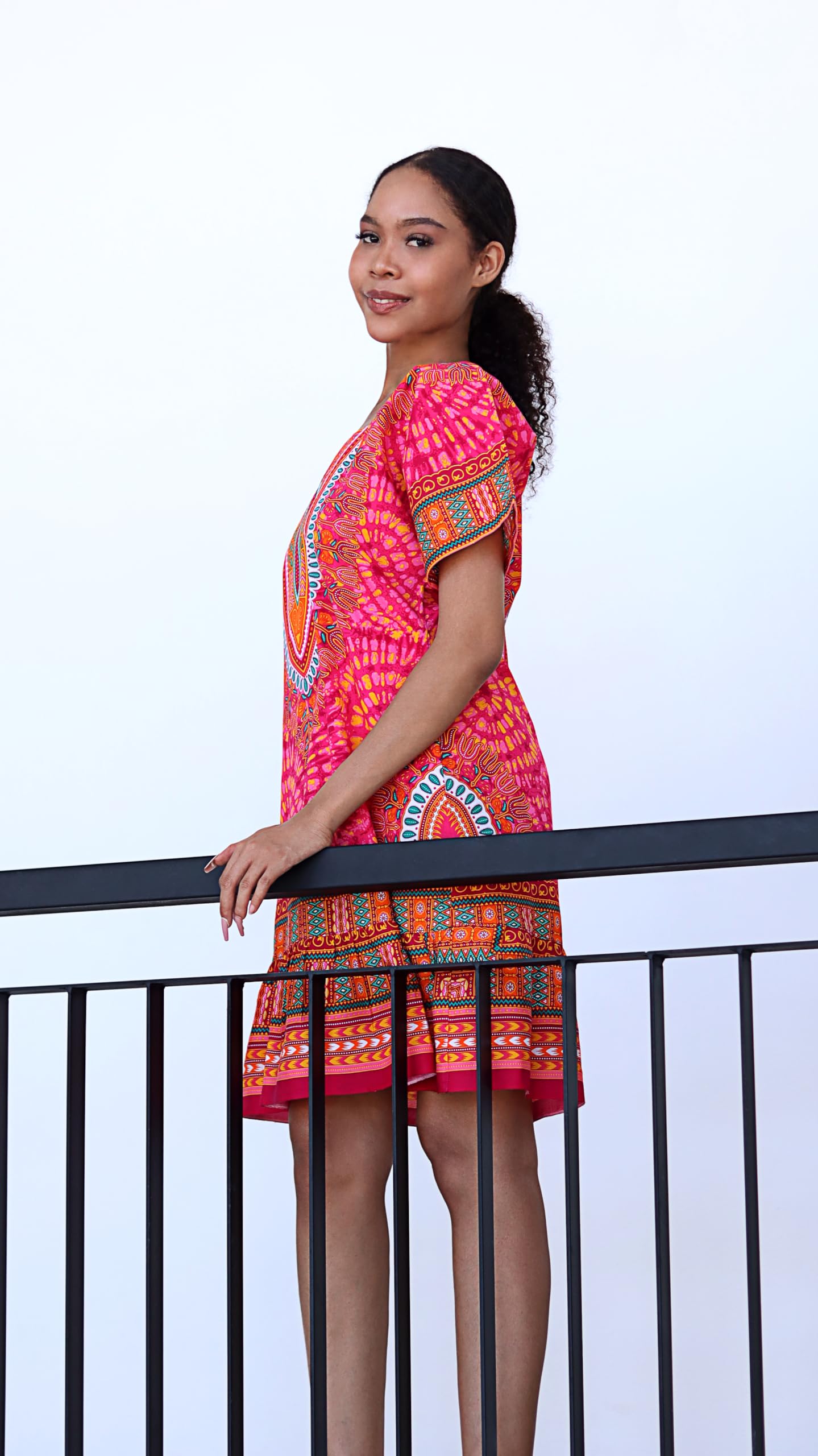 DA'IKI Short 60s Boho Cropped One Piece Ruffle Dashiki Dress with Side Pockets - Image 4
