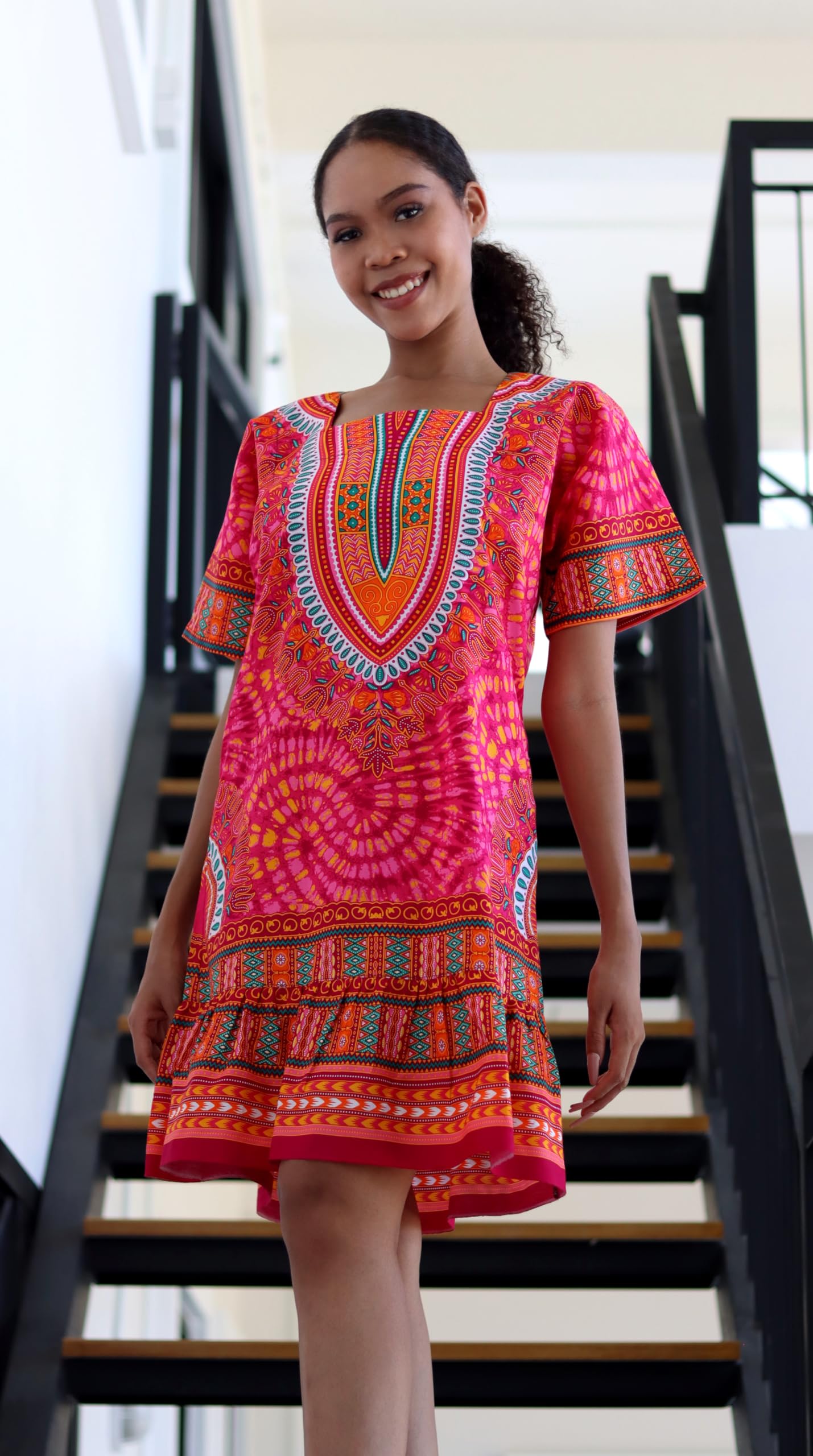 DA'IKI Short 60s Boho Cropped One Piece Ruffle Dashiki Dress with Side Pockets - Image 5