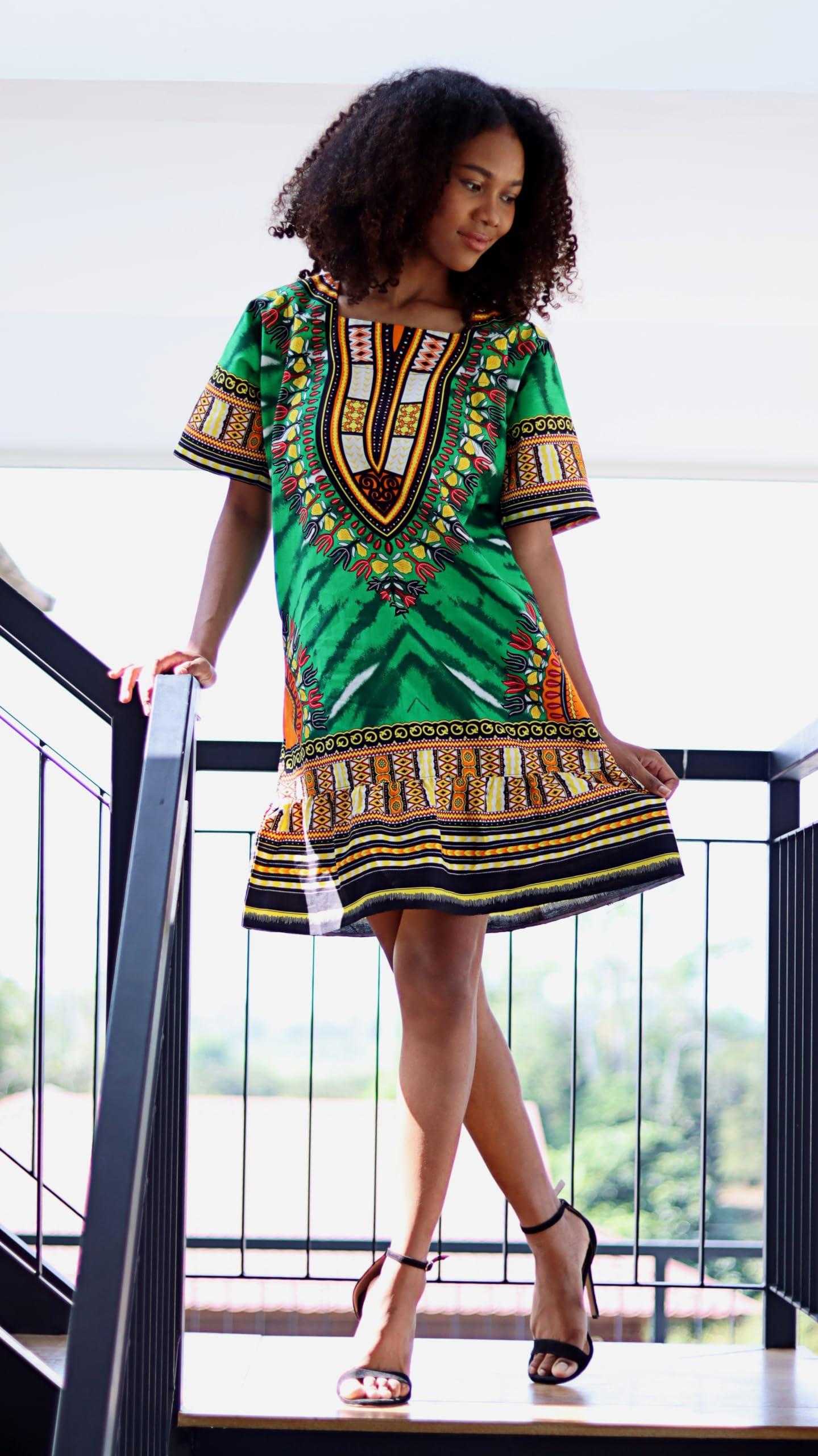 DA'IKI Short 60s Boho Cropped One Piece Ruffle Dashiki Dress with Side Pockets - Image 4