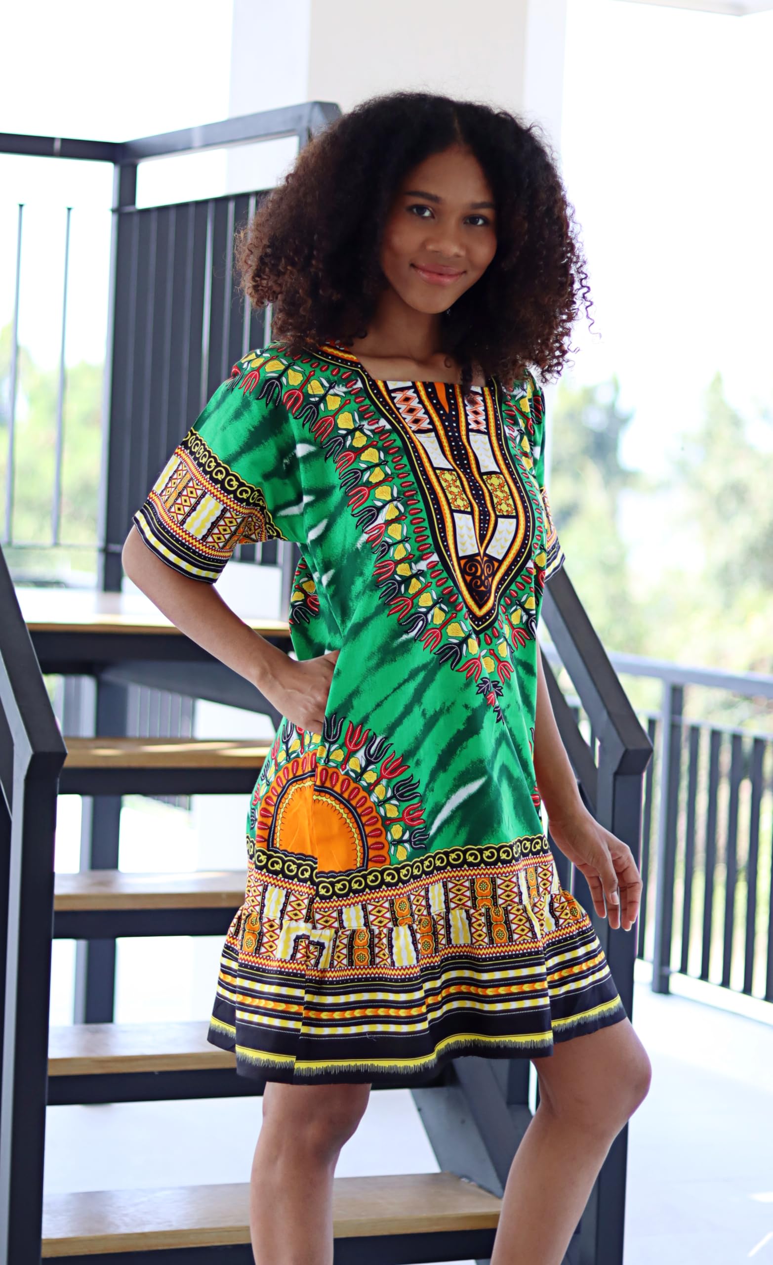 DA'IKI Short 60s Boho Cropped One Piece Ruffle Dashiki Dress with Side Pockets - Image 5