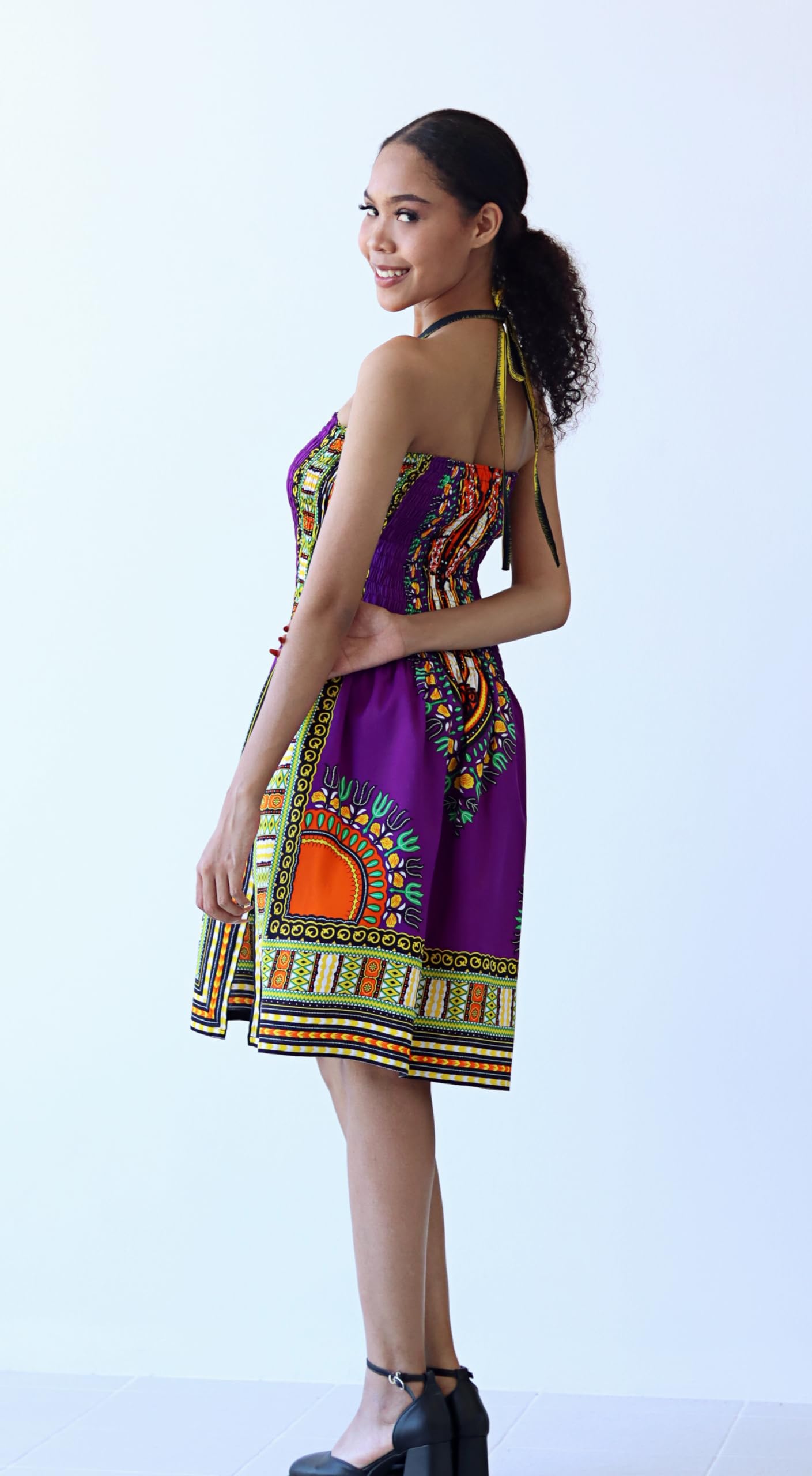 DA'IKI Smock Bust Shoulder Showing Dashiki Halter Strap Short Dress or Skirt - Image 4