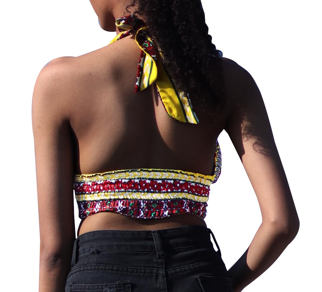 DA'IKI Smocked Bikini Top Twist Tied Dashiki Rayon Ladies Shirt Neck Tied Sexy Top Bare Back - Image 3