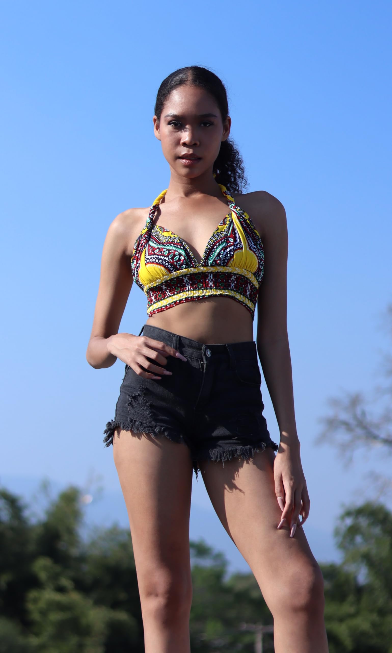 DA'IKI Smocked Bikini Top Twist Tied Dashiki Rayon Ladies Shirt Neck Tied Sexy Top Bare Back - Image 4