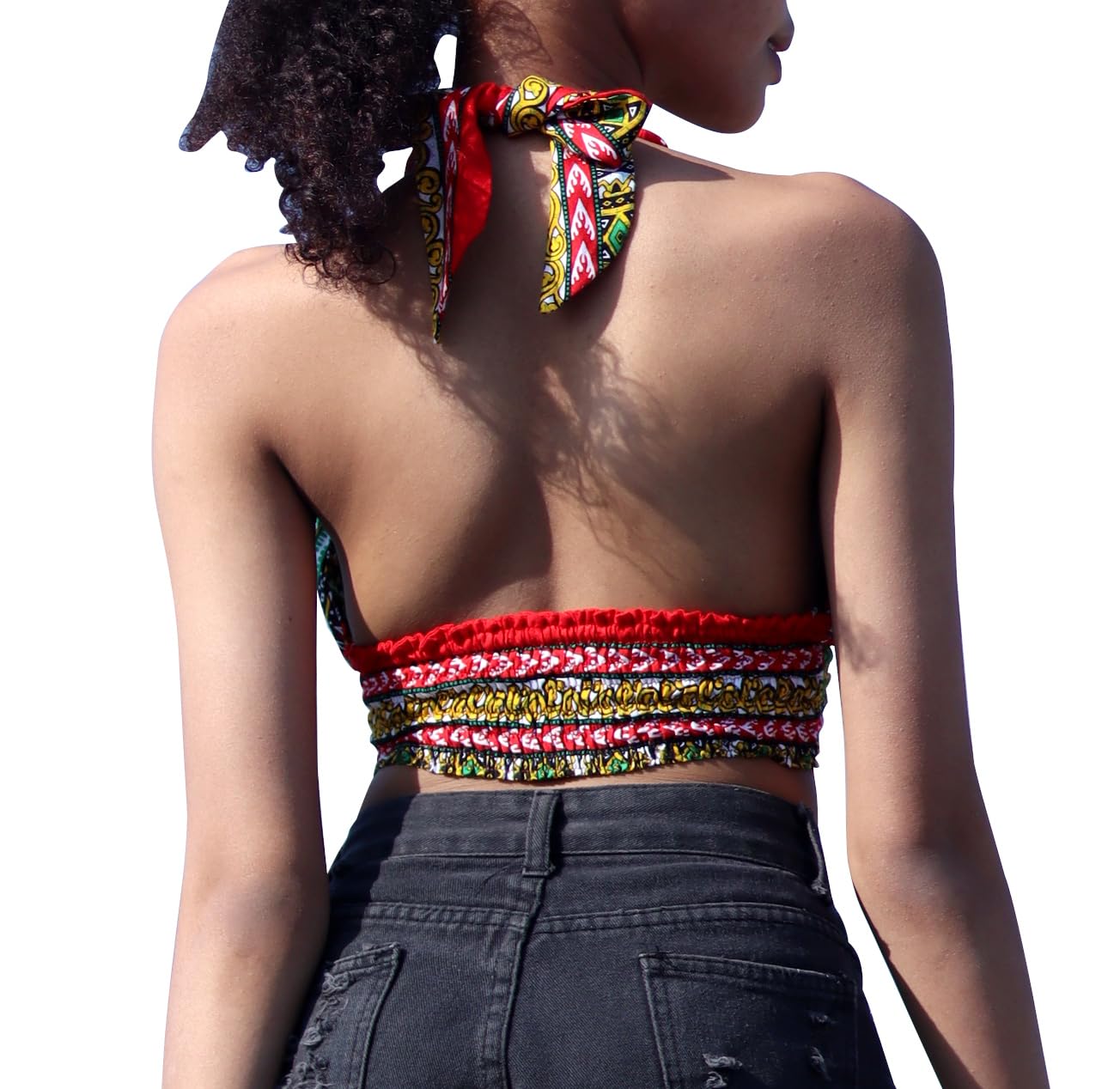 DA'IKI Smocked Bikini Top Twist Tied Dashiki Rayon Ladies Shirt Neck Tied Sexy Top Bare Back - Image 3