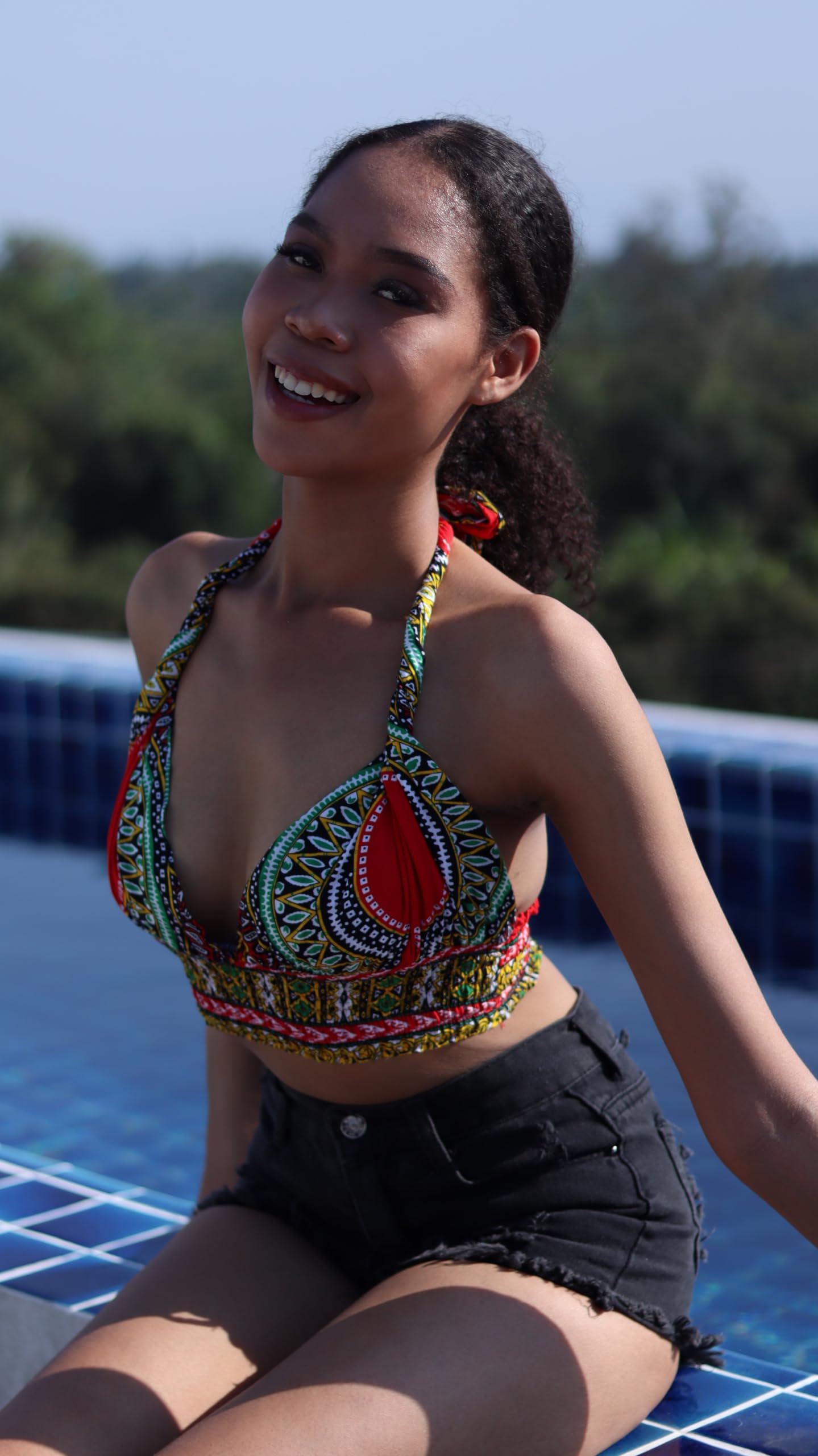 DA'IKI Smocked Bikini Top Twist Tied Dashiki Rayon Ladies Shirt Neck Tied Sexy Top Bare Back - Image 4