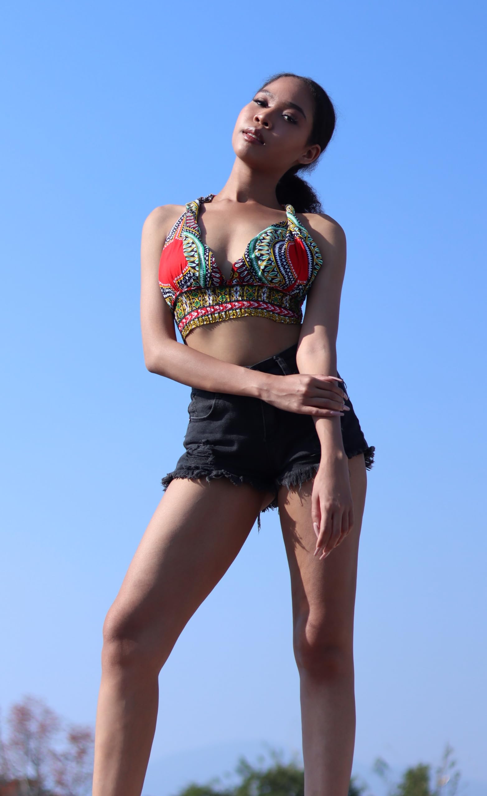 DA'IKI Smocked Bikini Top Twist Tied Dashiki Rayon Ladies Shirt Neck Tied Sexy Top Bare Back - Image 5