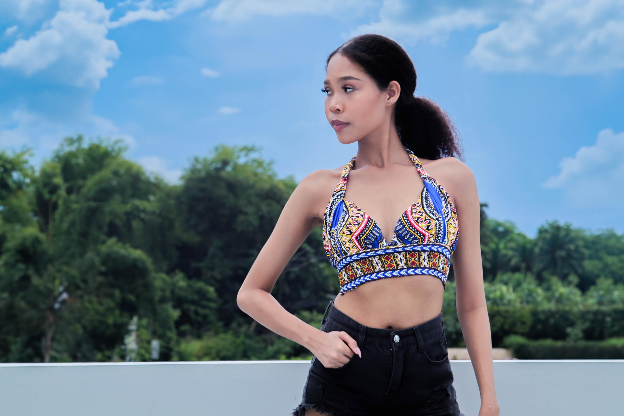 DA'IKI Smocked Bikini Top Twist Tied Dashiki Rayon Ladies Shirt Neck Tied Sexy Top Bare Back - Image 3