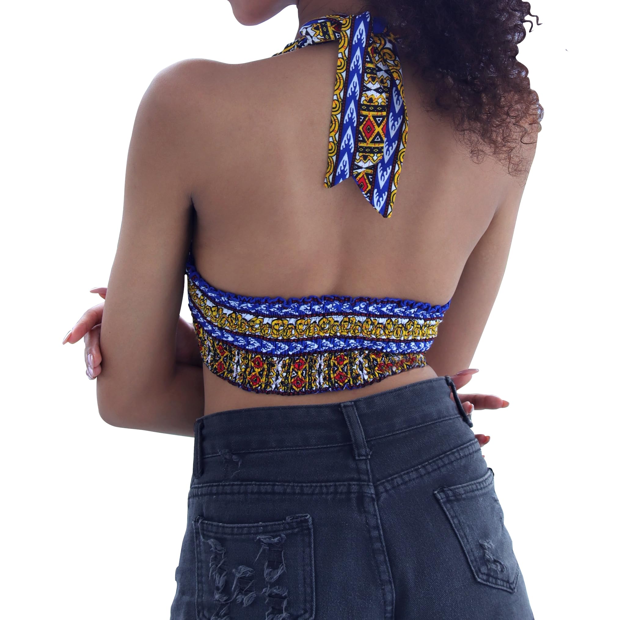 DA'IKI Smocked Bikini Top Twist Tied Dashiki Rayon Ladies Shirt Neck Tied Sexy Top Bare Back - Image 4