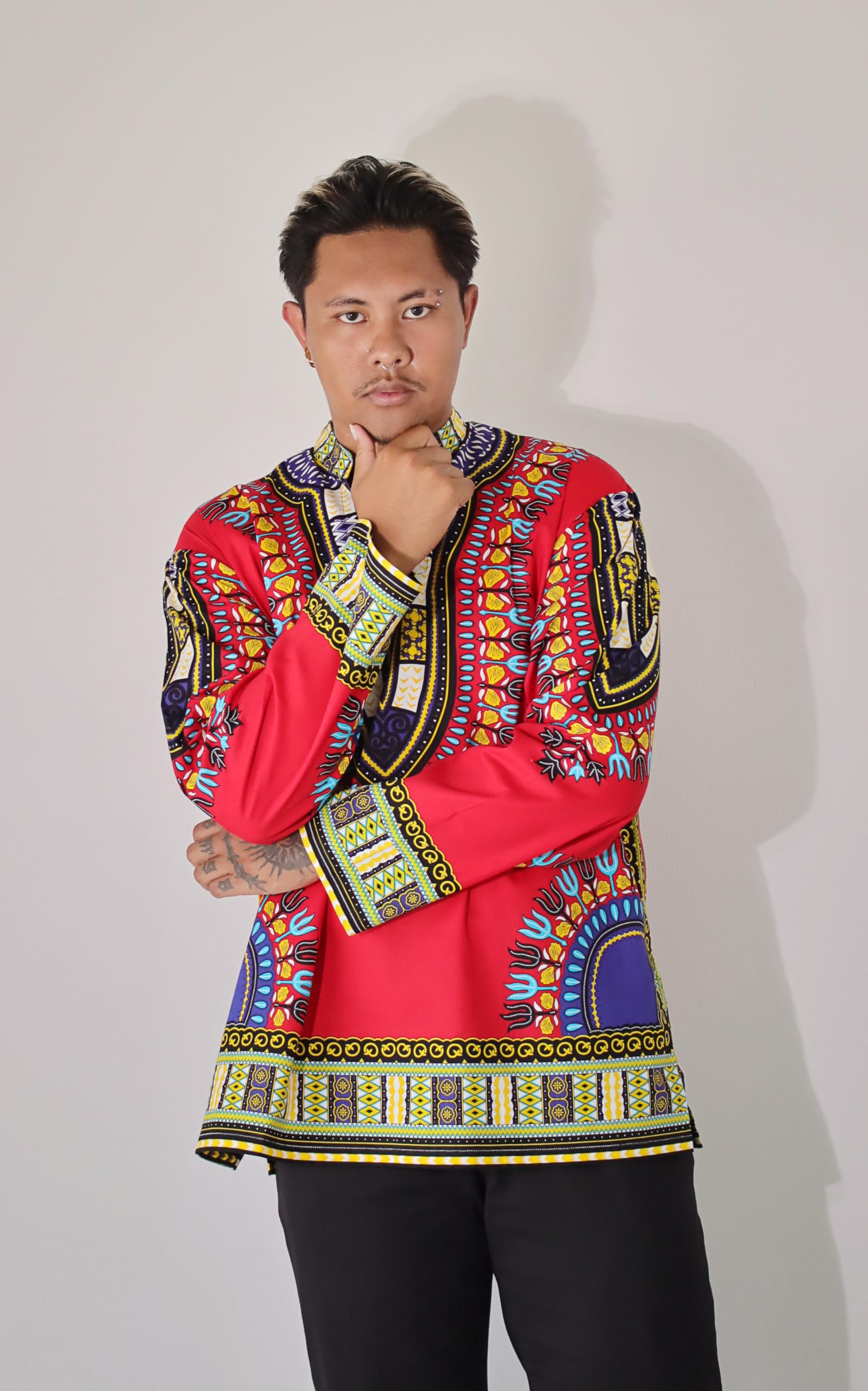 DA'IKI Stand Up Collar Long Sleeve Cotton Shirt African Dashiki Fun Pullover Tunic - Image 4