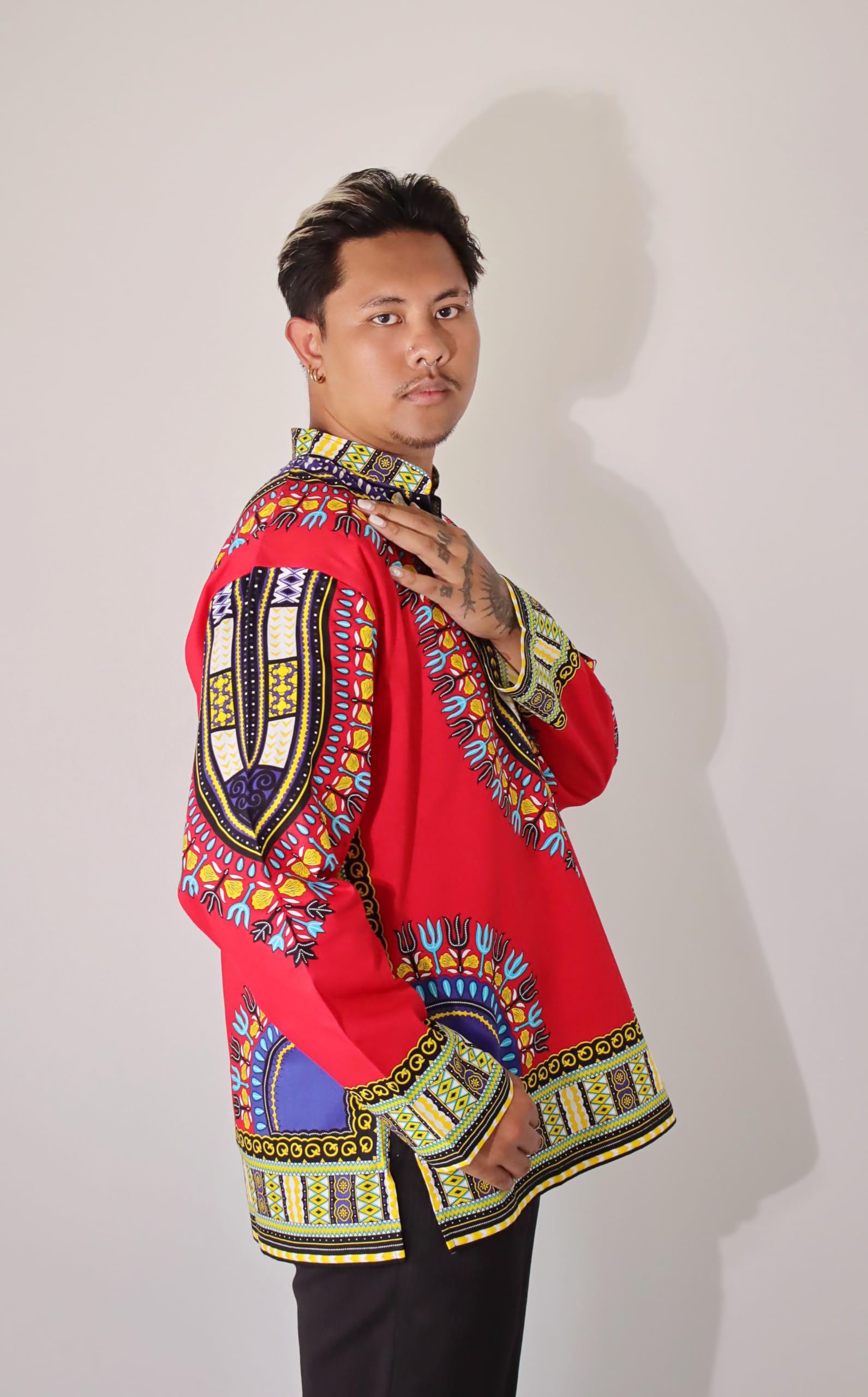 DA'IKI Stand Up Collar Long Sleeve Cotton Shirt African Dashiki Fun Pullover Tunic - Image 5