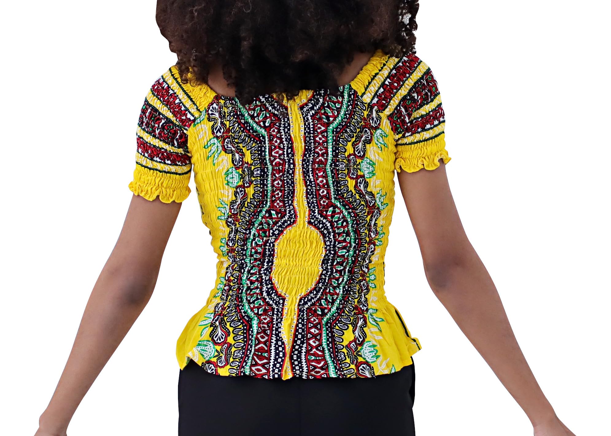 DA'IKI Womens Heart of Africa Blouse Rayon Fully Smocked Dashiki Shirt Babydoll Sleeves - Image 3