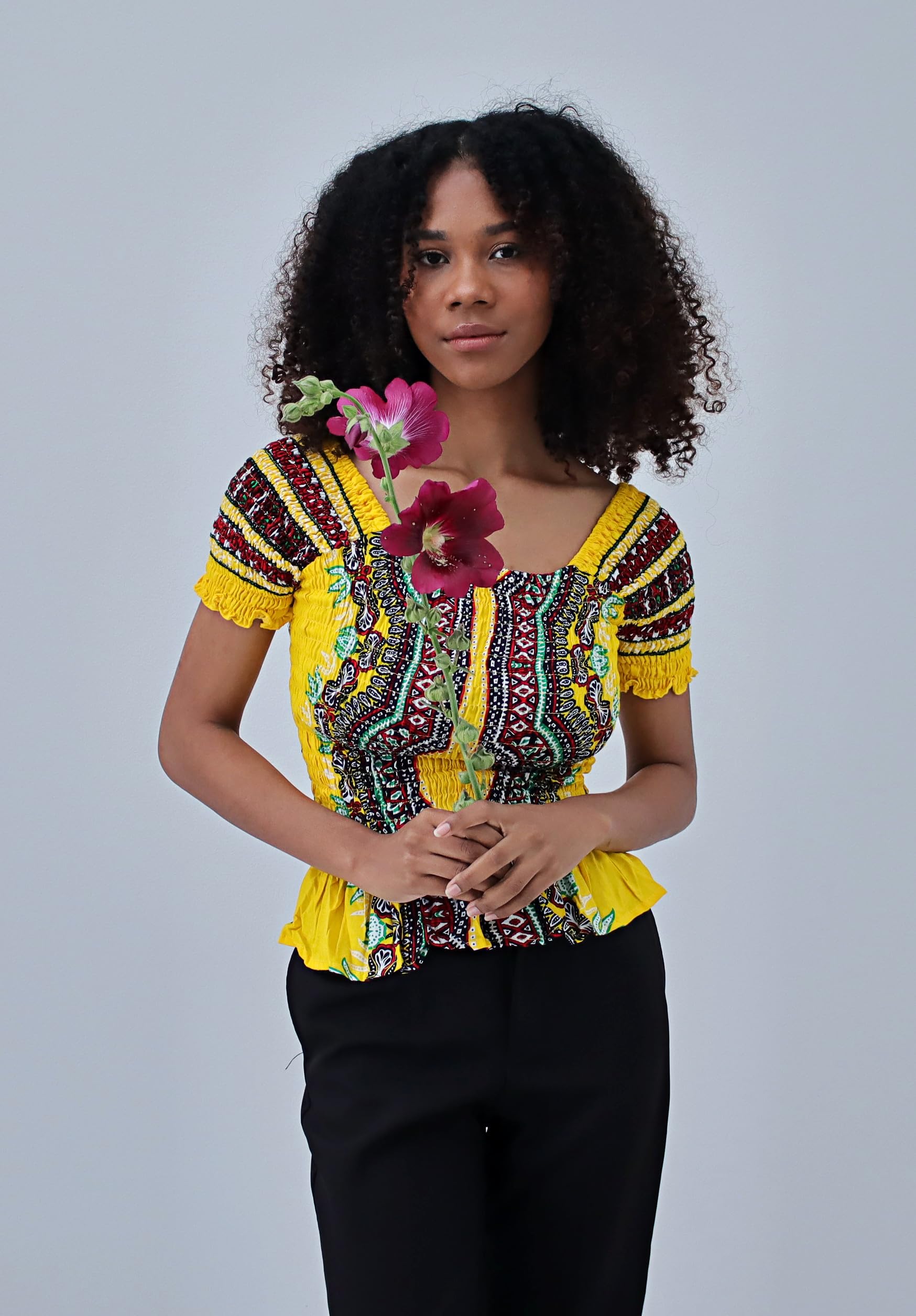 DA'IKI Womens Heart of Africa Blouse Rayon Fully Smocked Dashiki Shirt Babydoll Sleeves - Image 4