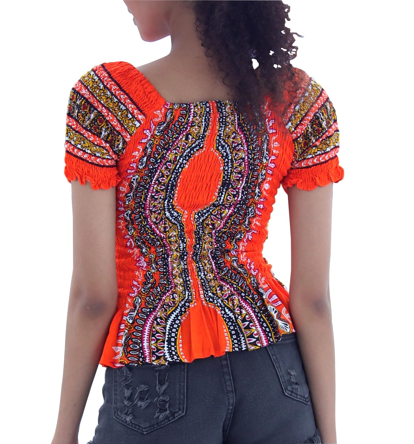 DA'IKI Womens Heart of Africa Blouse Rayon Fully Smocked Dashiki Shirt Babydoll Sleeves - Image 3